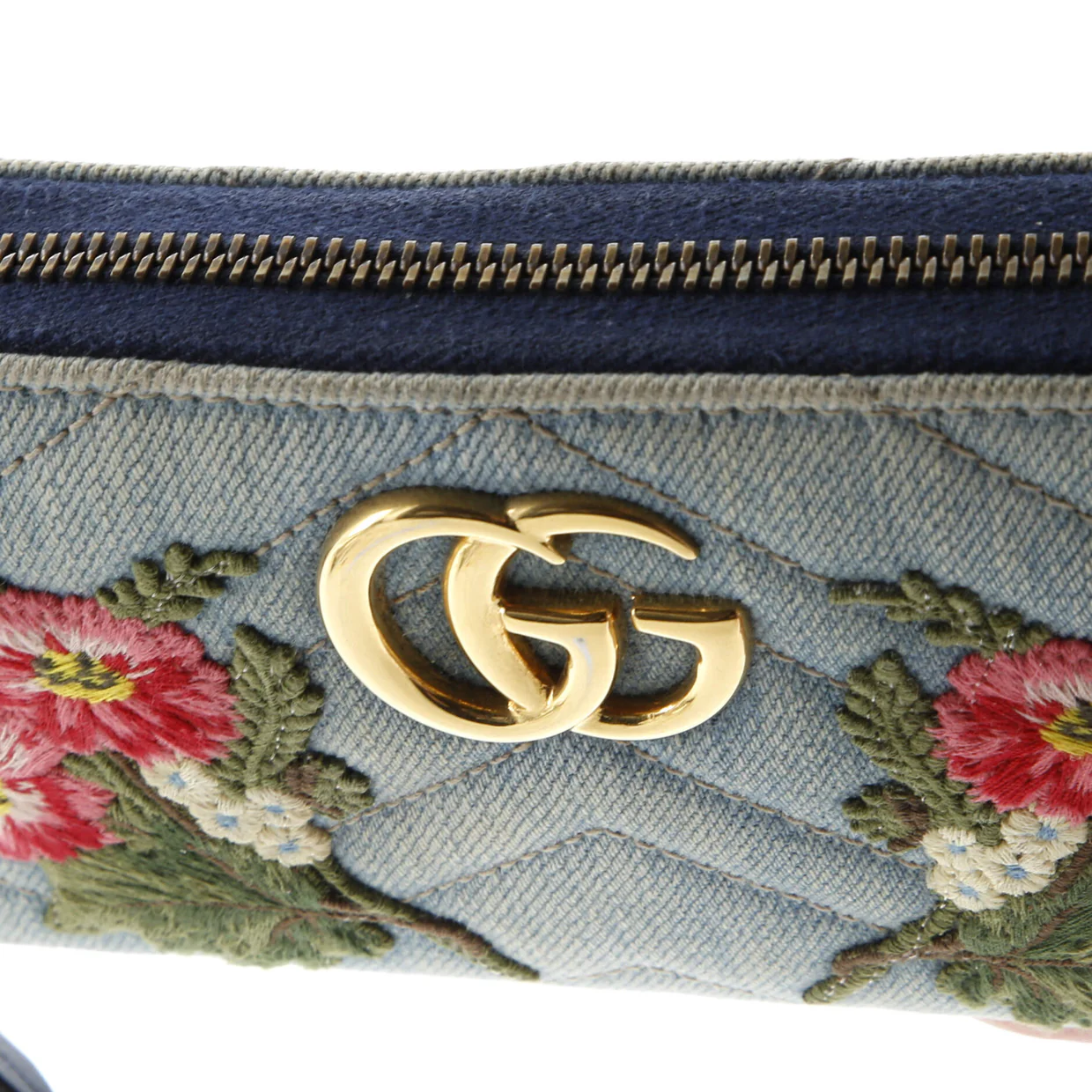 GG Marmont Zip Around Wallet Embroidered Matelasse Denim - Deep Luxury