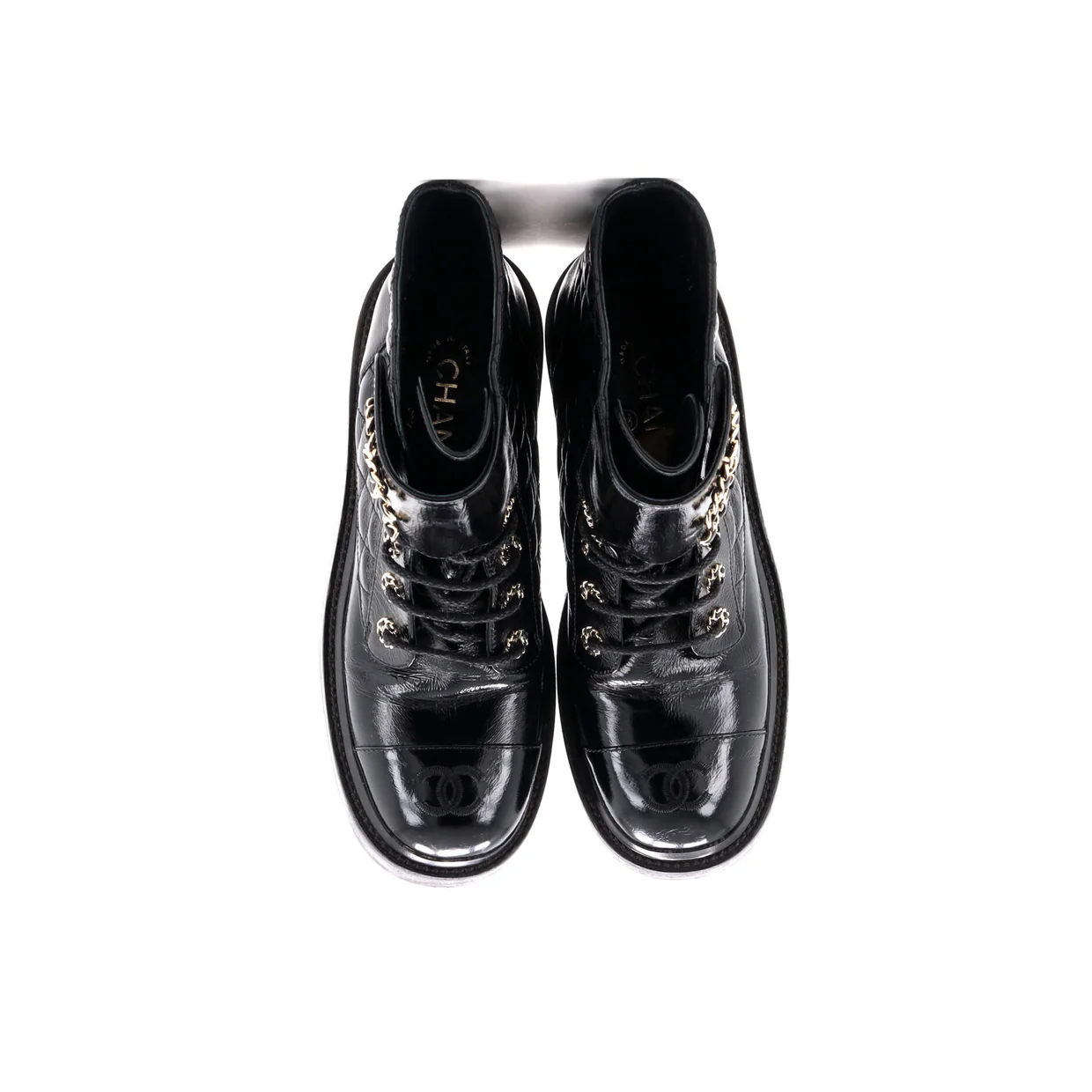 Women's Chain CC Cap Toe Lace Up Combat Boots Quilted Shiny Calfskin - Deep Luxury