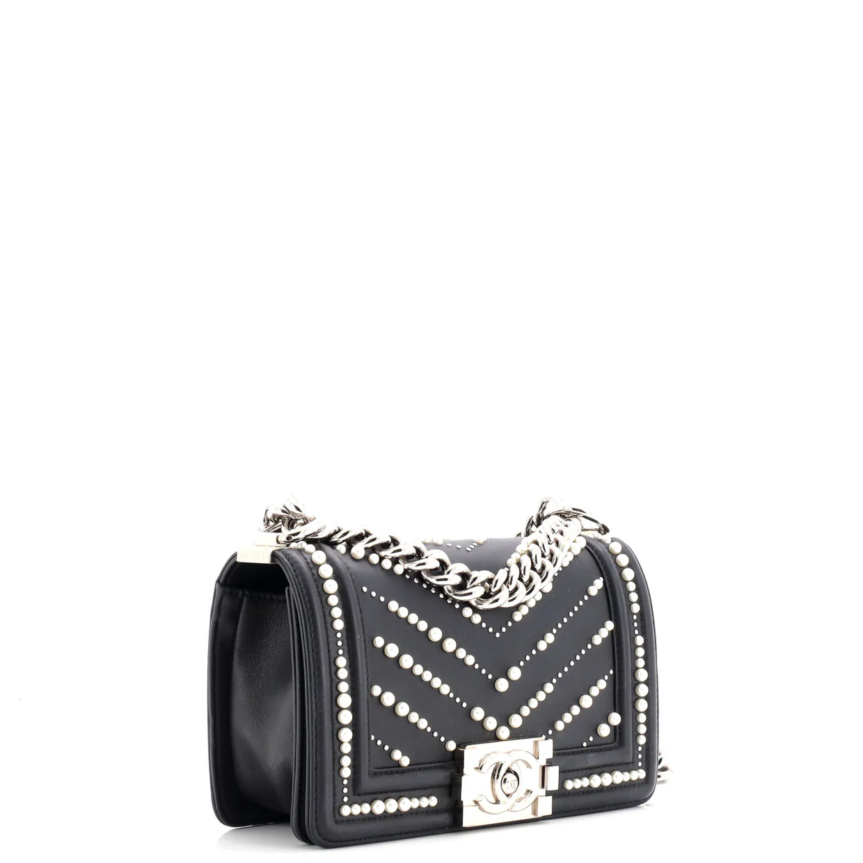 Boy Flap Bag Pearl Embellished Chevron Calfskin Small - Deep Luxury