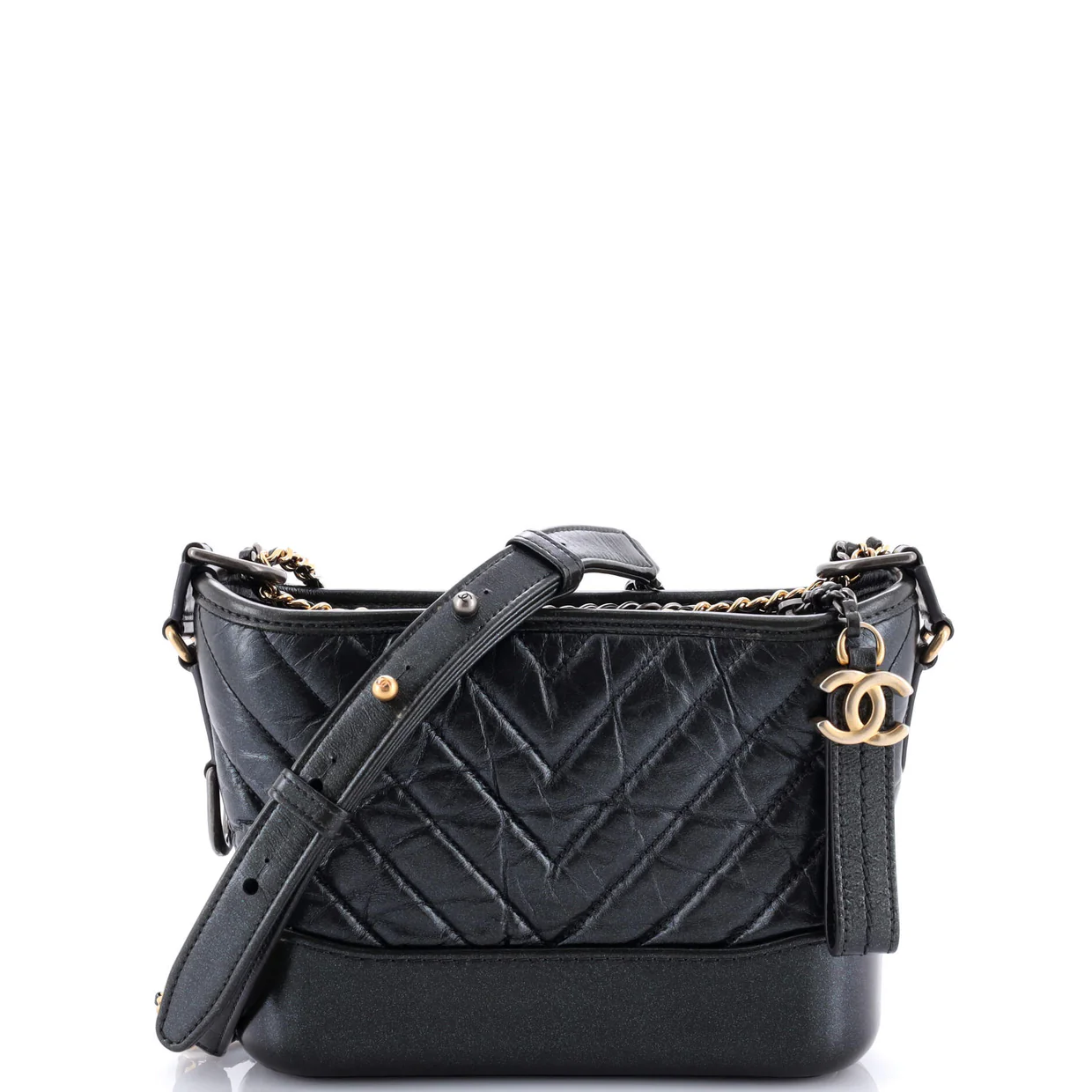 Gabrielle Hobo Chevron Metallic Aged Calfskin Small - Deep Luxury