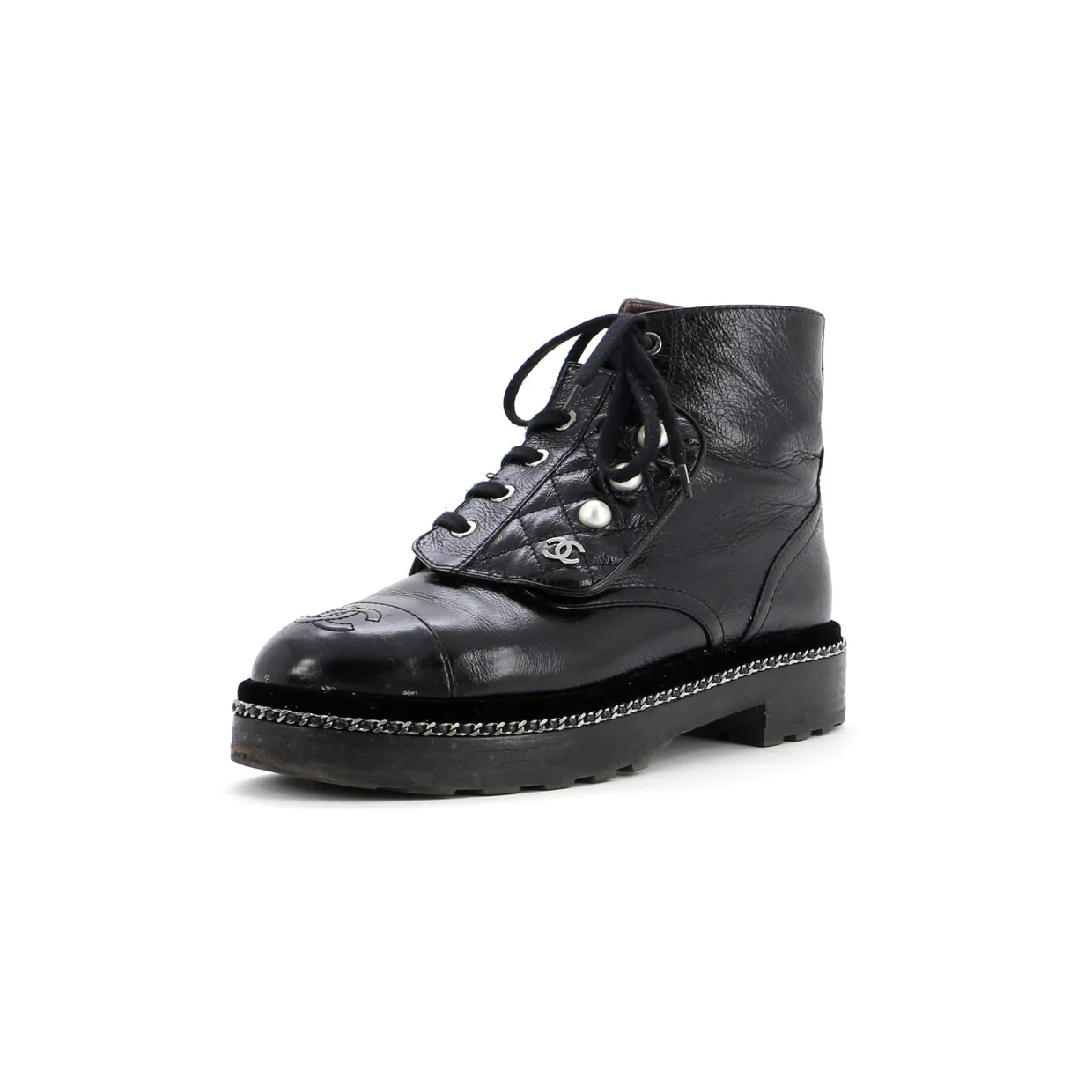 Women's Cap Toe CC Chain Around Pearl Combat Boots Leather - Deep Luxury
