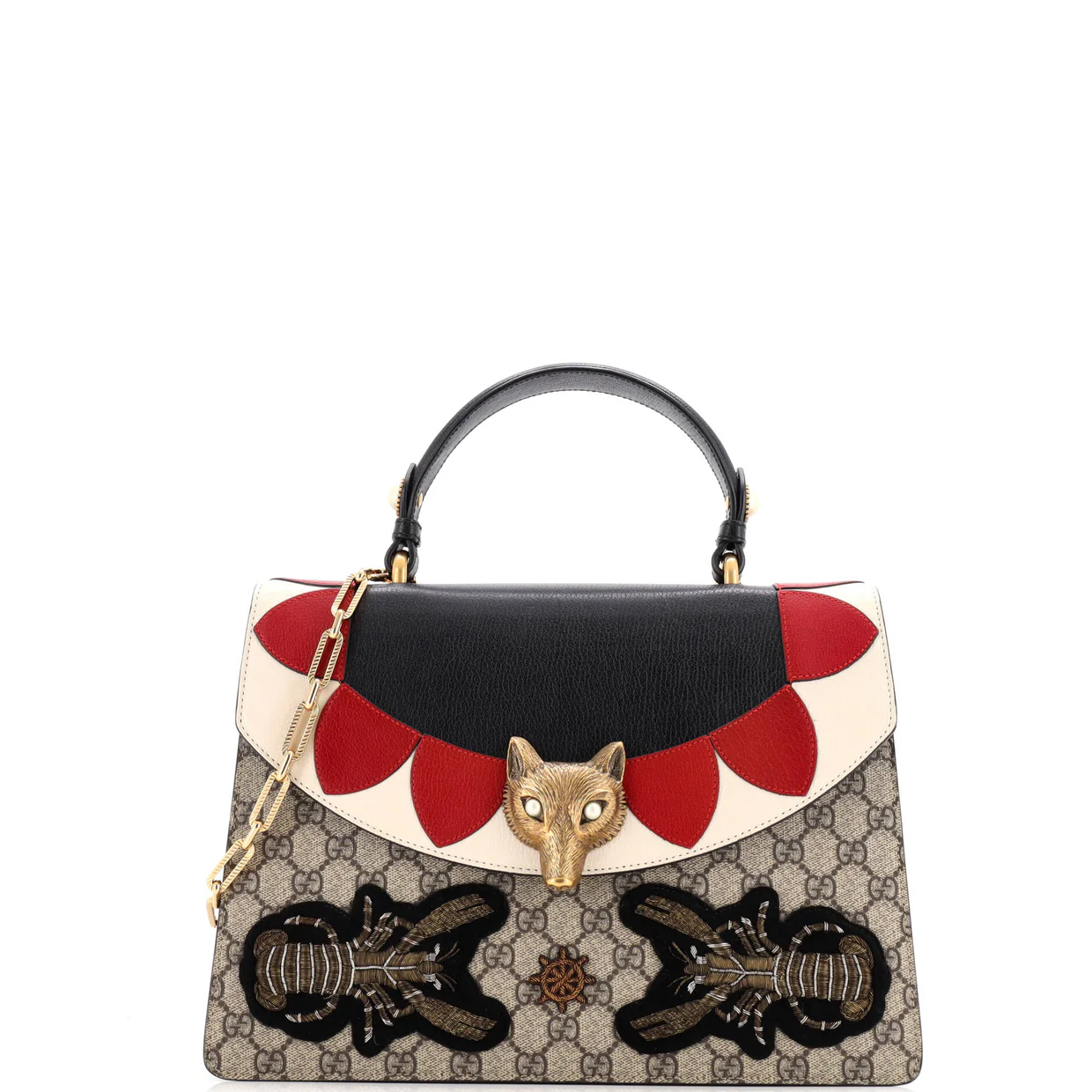 Broche Top Handle Bag Embroidered GG Coated Canvas and Leather Medium - Deep Luxury