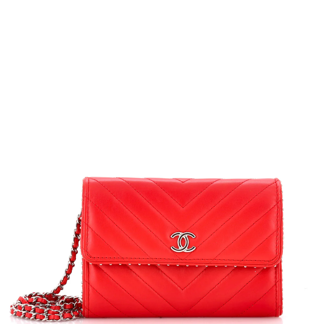 Wallet on Chain Chevron Lambskin with Studded Detail Mini - Deep Luxury