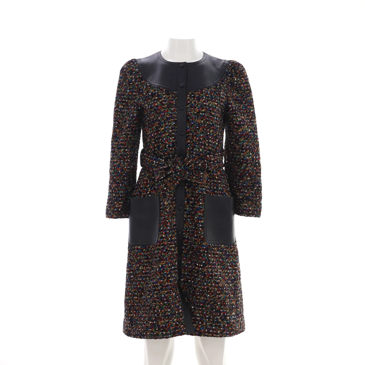 Women's Collarless Belted Long Coat Tweed with Leather - Deep Luxury