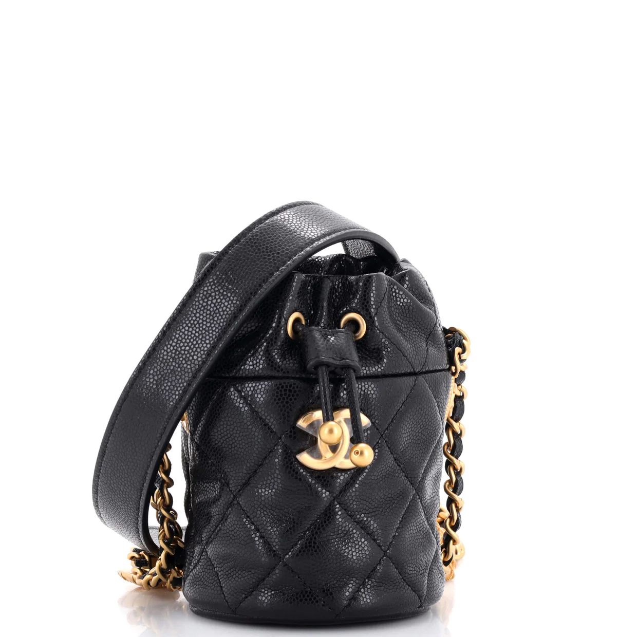 Twist Your Buttons Drawstring Bucket Bag Quilted Caviar Mini - Deep Luxury