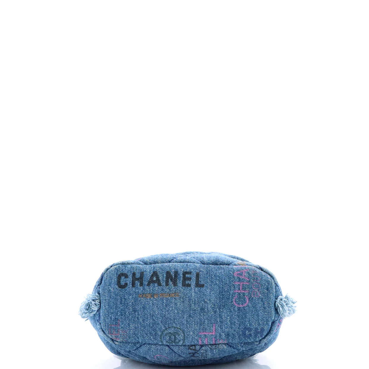 Denim Mood Chain Bucket Bag Logo Printed Quilted Fringe Denim Medium - Deep Luxury