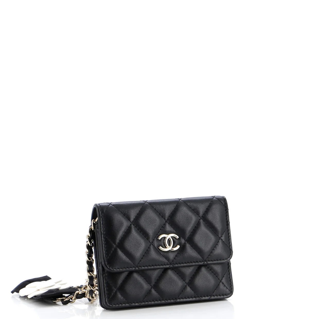 Camellia Bow Flap Card Holder with Chain Quilted Lambskin - Deep Luxury