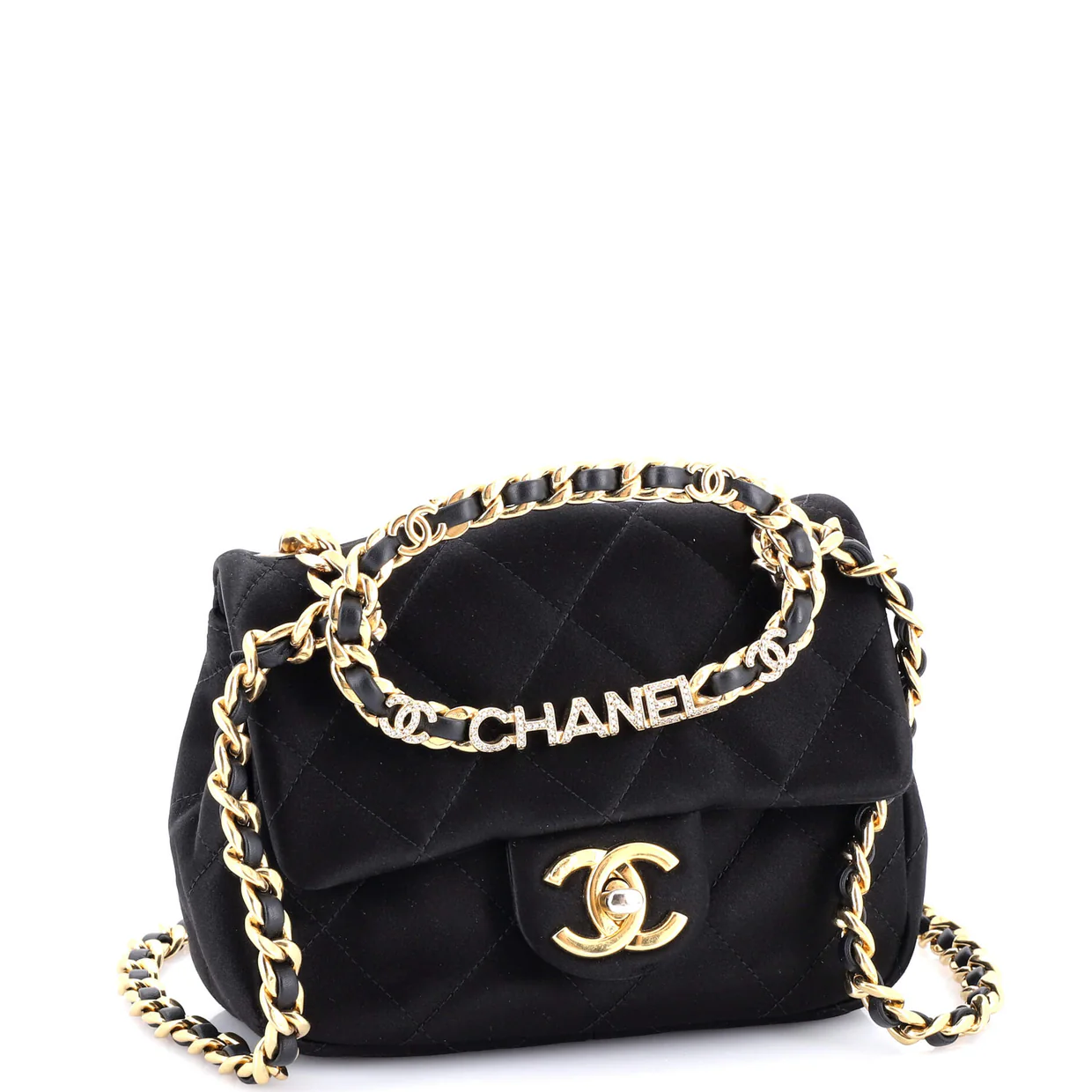 Oval Logo Chain Handle Flap Bag Quilted Satin with Crystals Mini - Deep Luxury