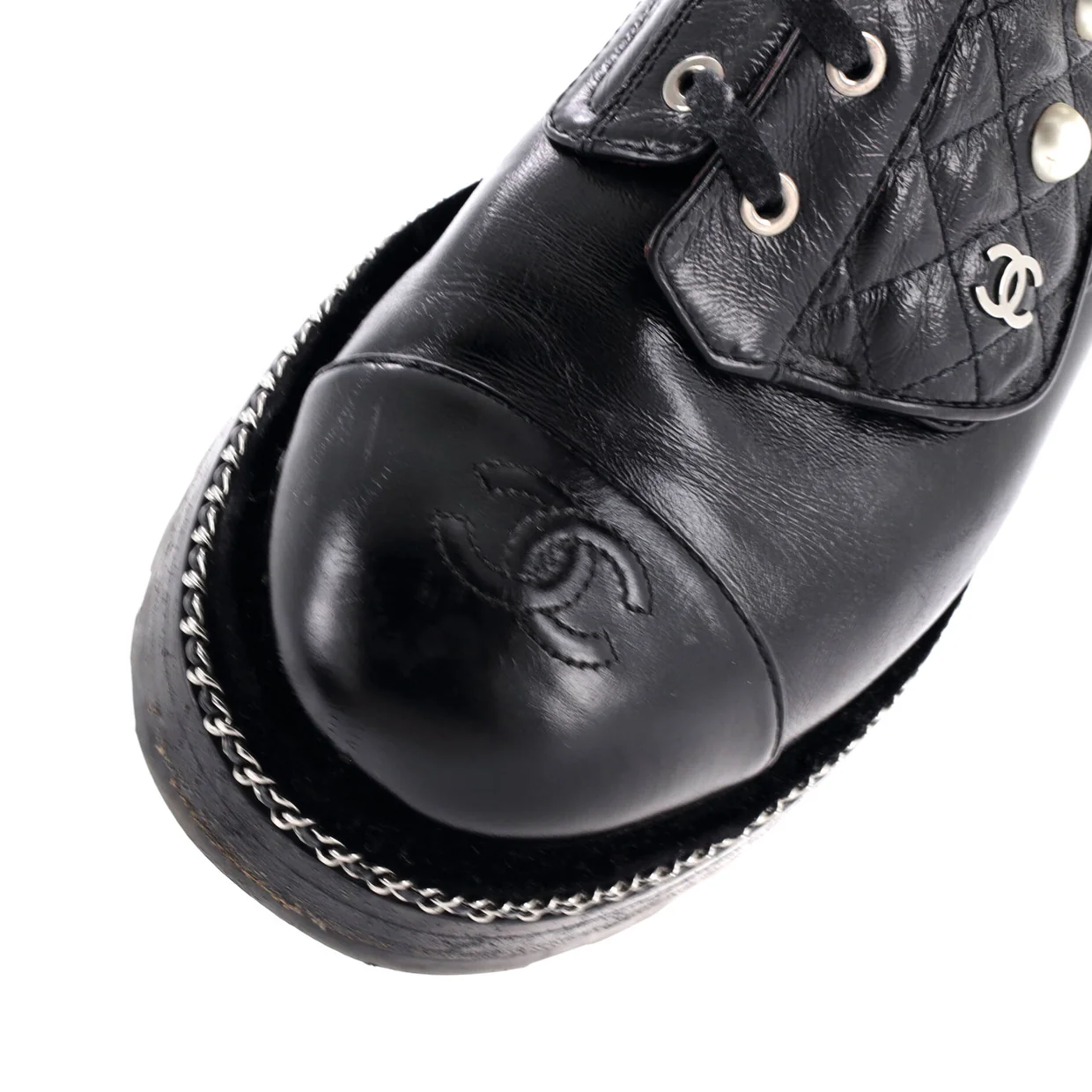 Women's Cap Toe CC Chain Around Pearl Combat Boots Leather - Deep Luxury