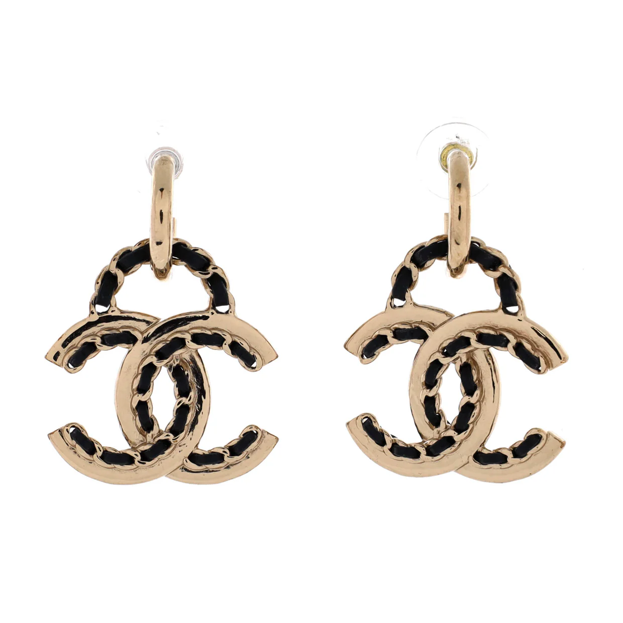 Woven Chain CC Drop Earrings Metal and Leather - Deep Luxury
