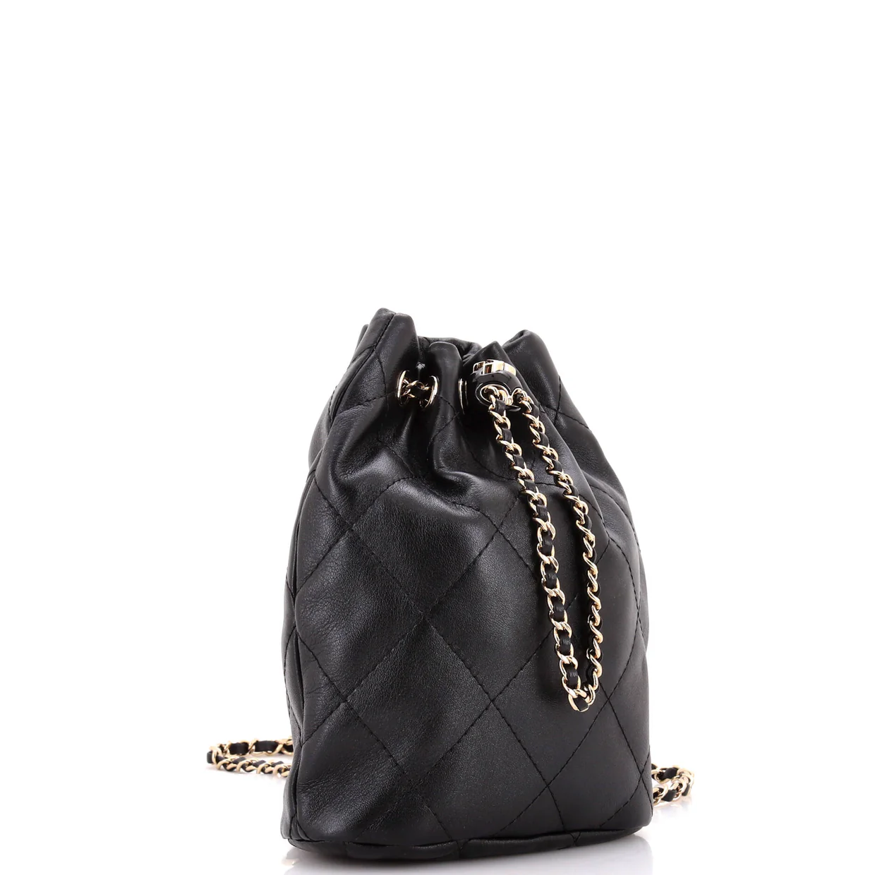 Logo Script Drawstring Chain Backpack Quilted Shiny Lambskin Small - Deep Luxury