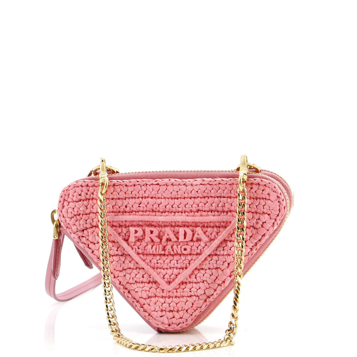Triangle Logo Zip Around Shoulder Bag Raffia and Leather Mini - Deep Luxury