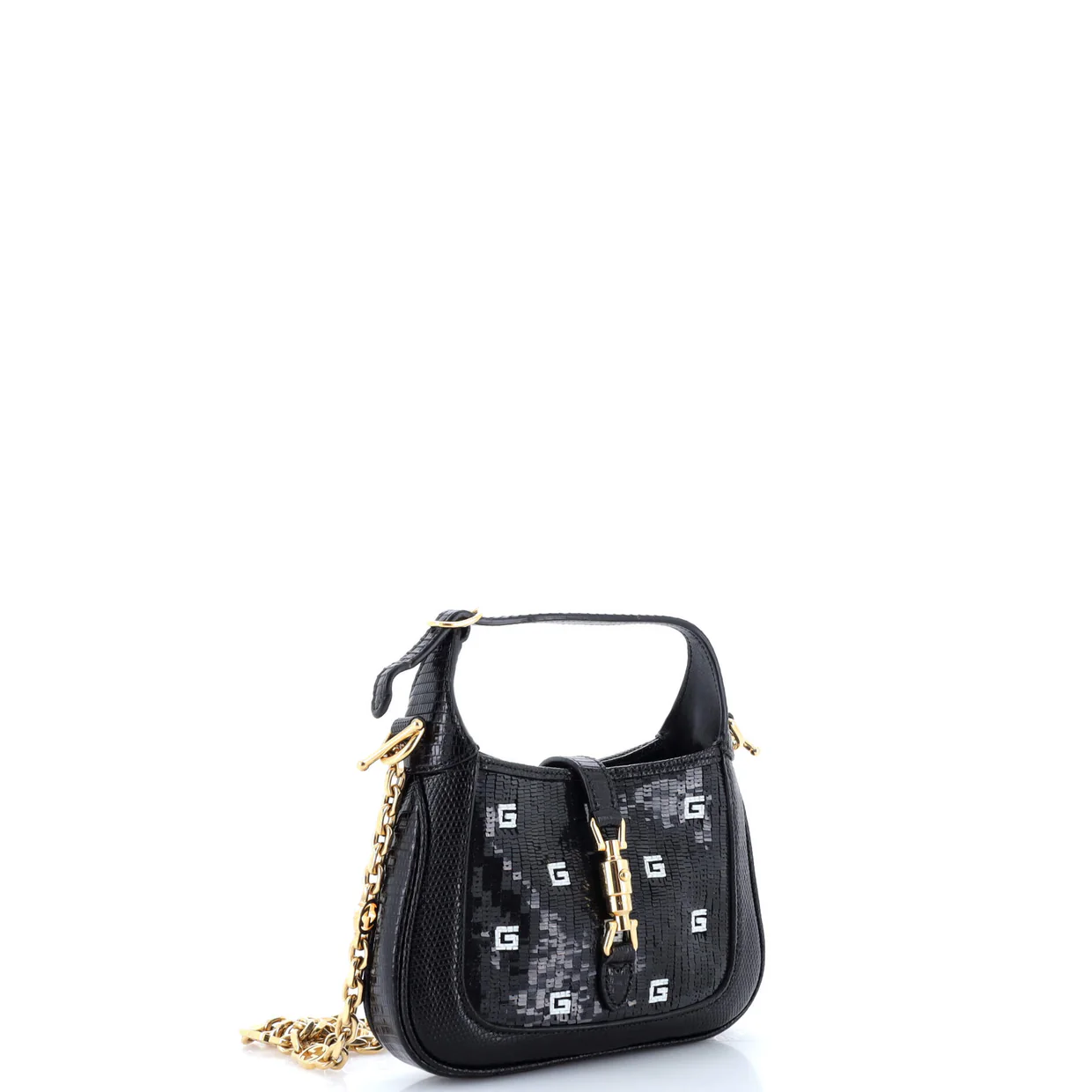 Jackie 1961 Chain Hobo Crystal GG Embellished Fabric with Lizard Mini - Deep Luxury