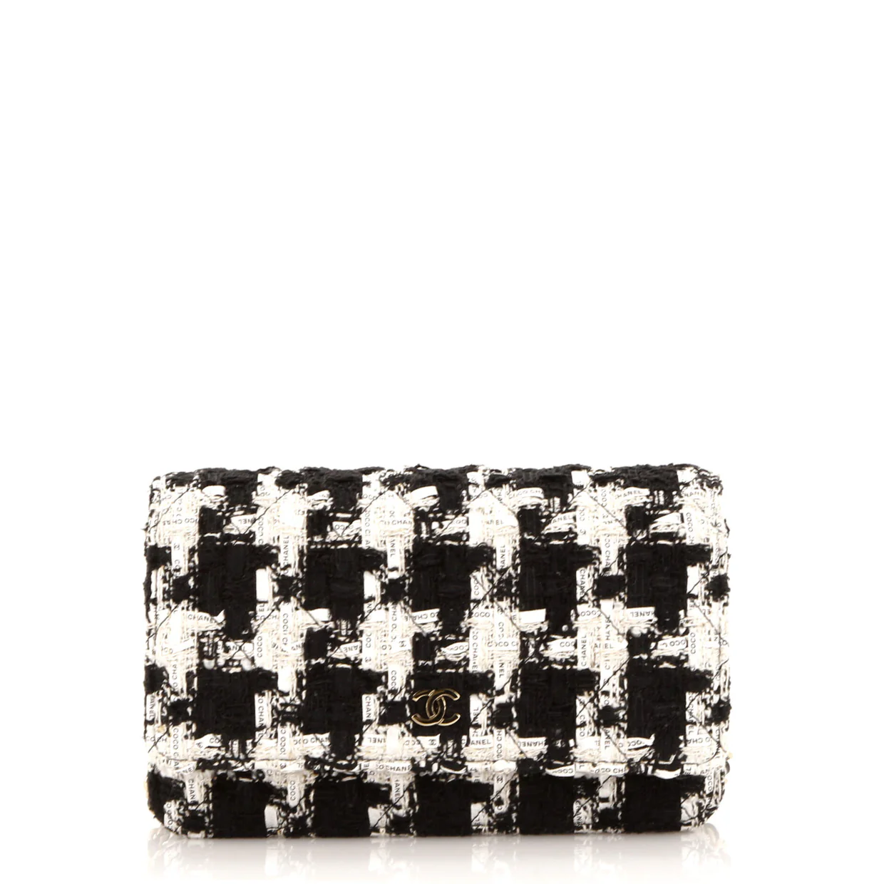 Wallet on Chain Quilted Houndstooth Tweed and Ribbon - Deep Luxury