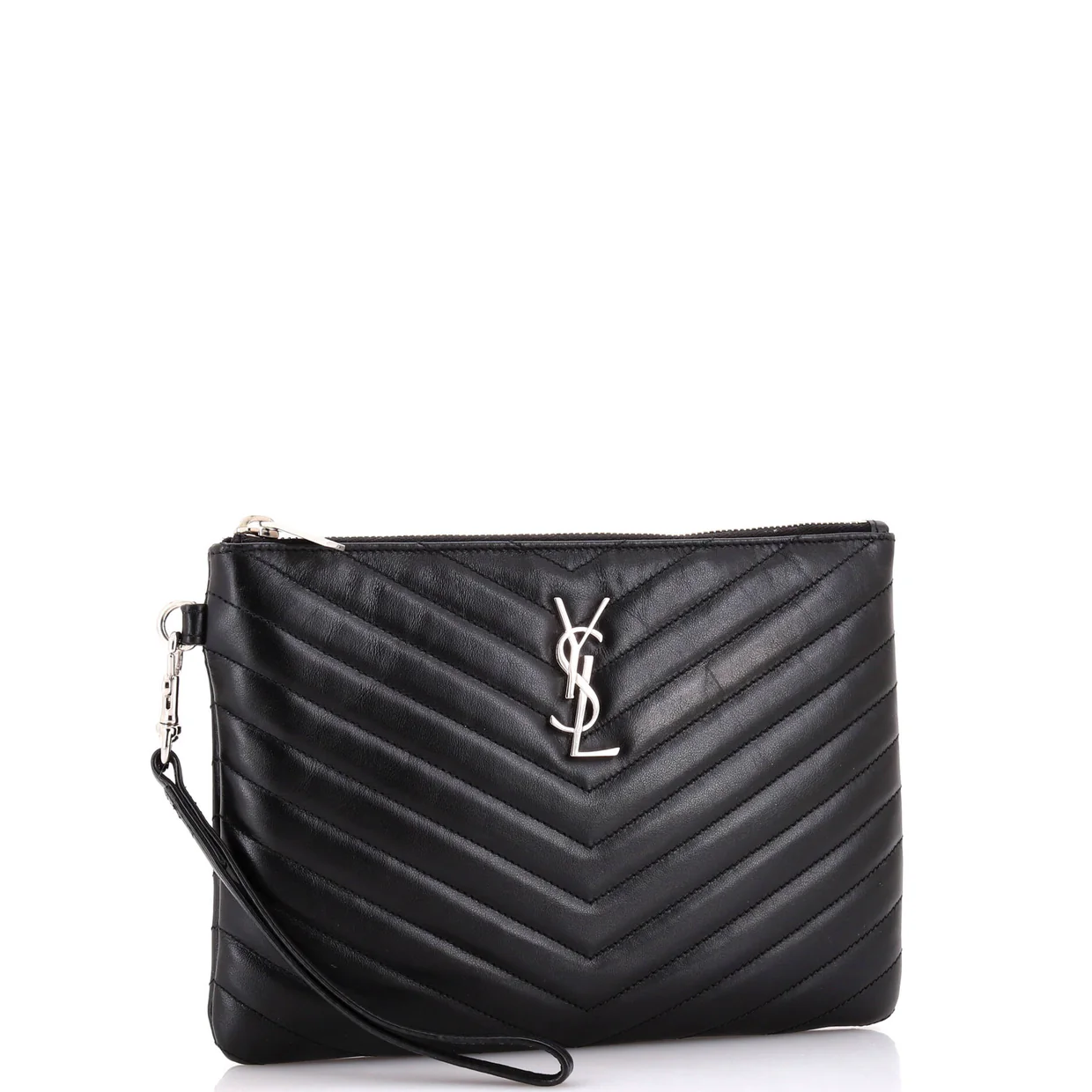 Classic Monogram Wristlet Pouch Matelasse Chevron Leather Small - Deep Luxury