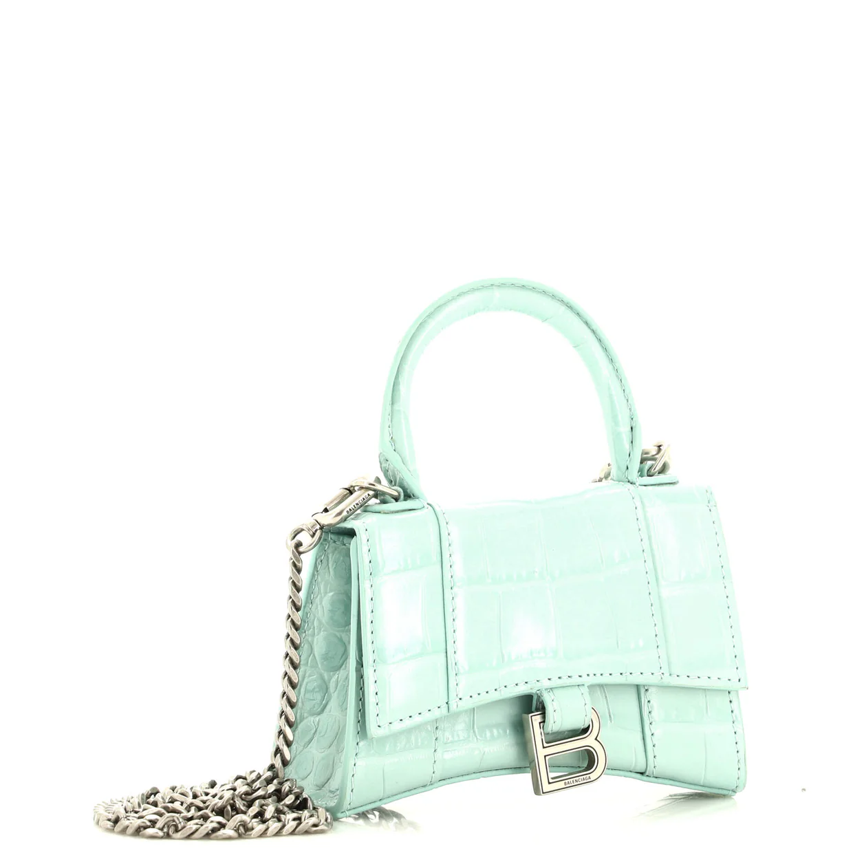 Hourglass Chain Top Handle Bag Crocodile Embossed Leather Mini - Deep Luxury