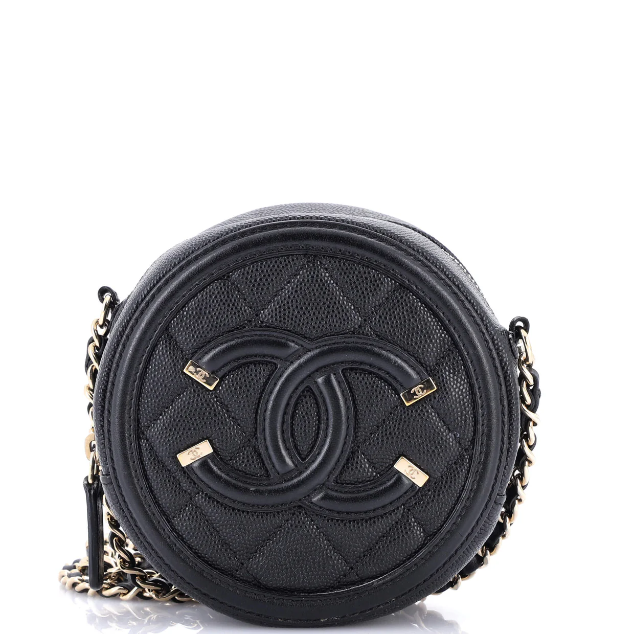 Filigree Round Clutch with Chain Quilted Caviar Mini - Deep Luxury