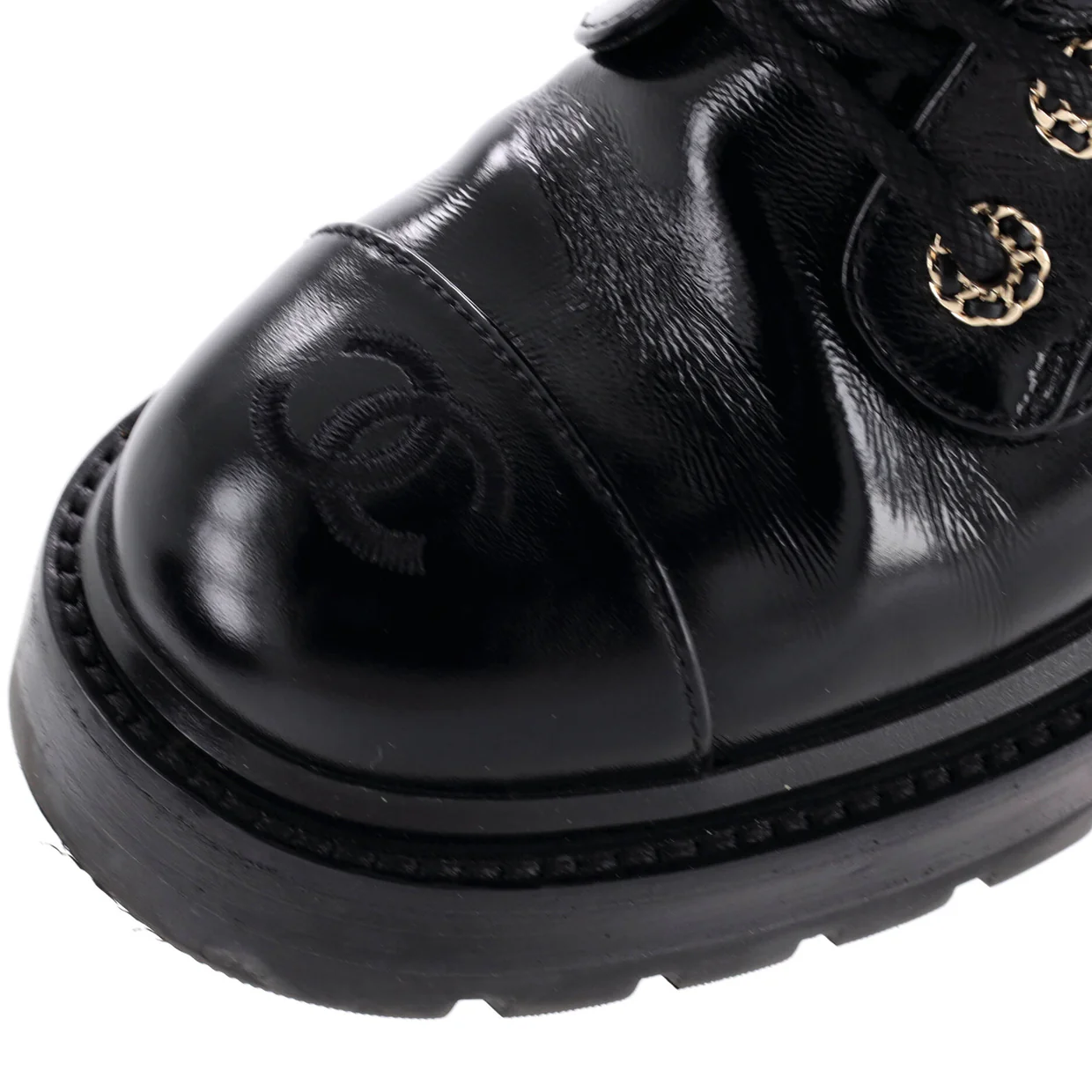 Women's Chain CC Cap Toe Lace Up Combat Boots Quilted Shiny Calfskin - Deep Luxury