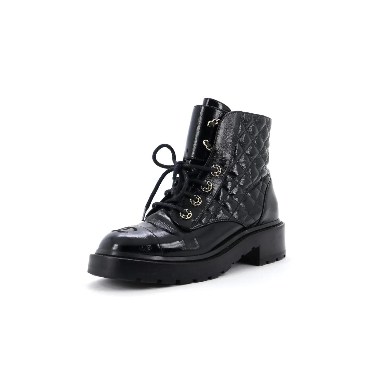 Women's Chain CC Cap Toe Lace Up Combat Boots Quilted Shiny Calfskin - Deep Luxury