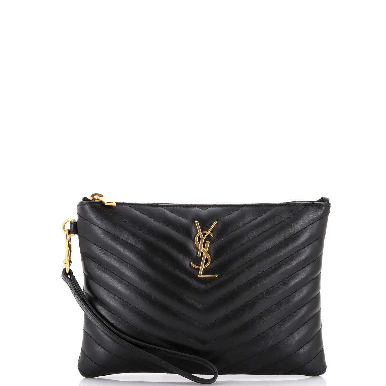 Classic Monogram Wristlet Pouch Matelasse Chevron Leather Small - Deep Luxury