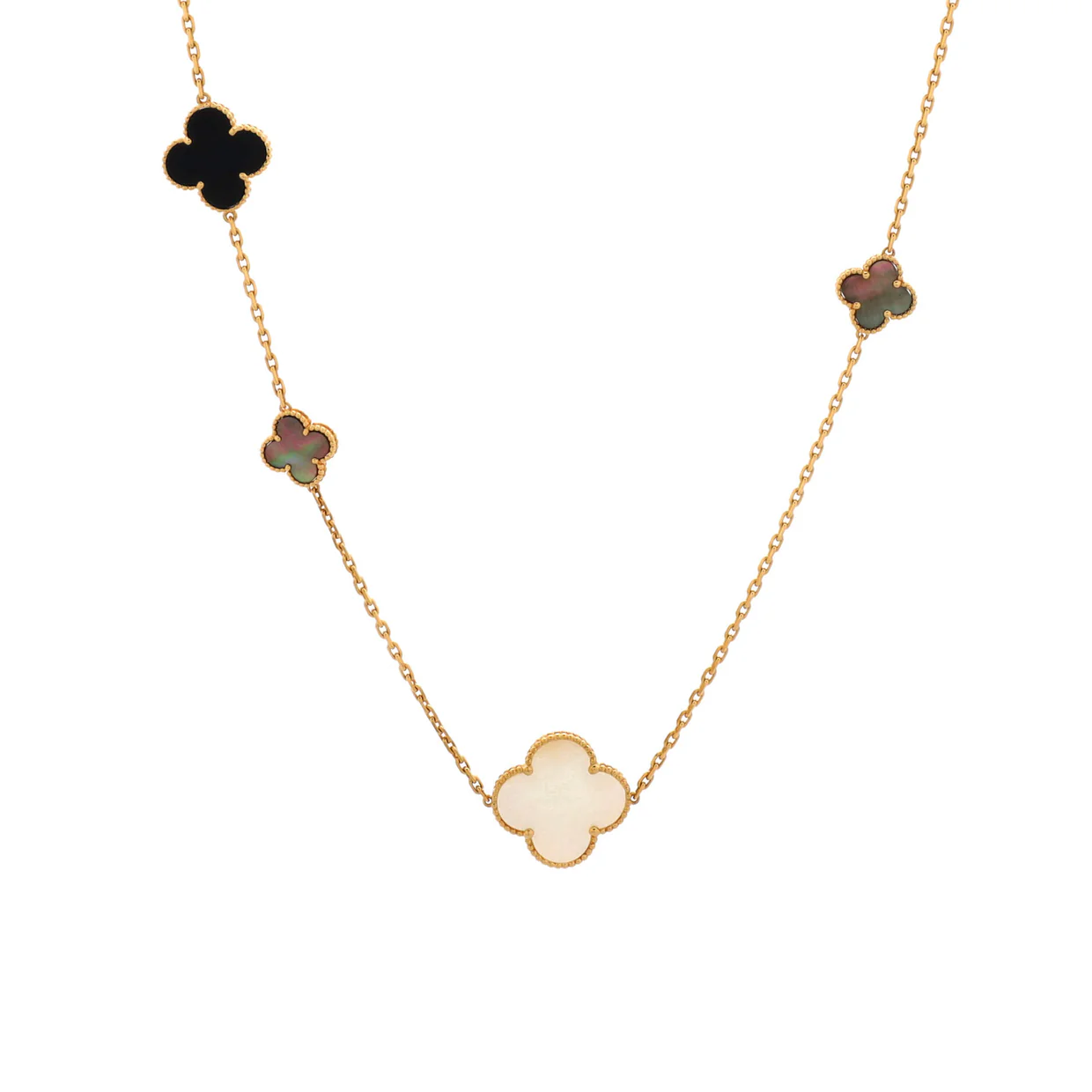 Magic Alhambra 16 Motifs Long Necklace 18K Yellow Gold with Mother of Pearl and Onyx - Deep Luxury