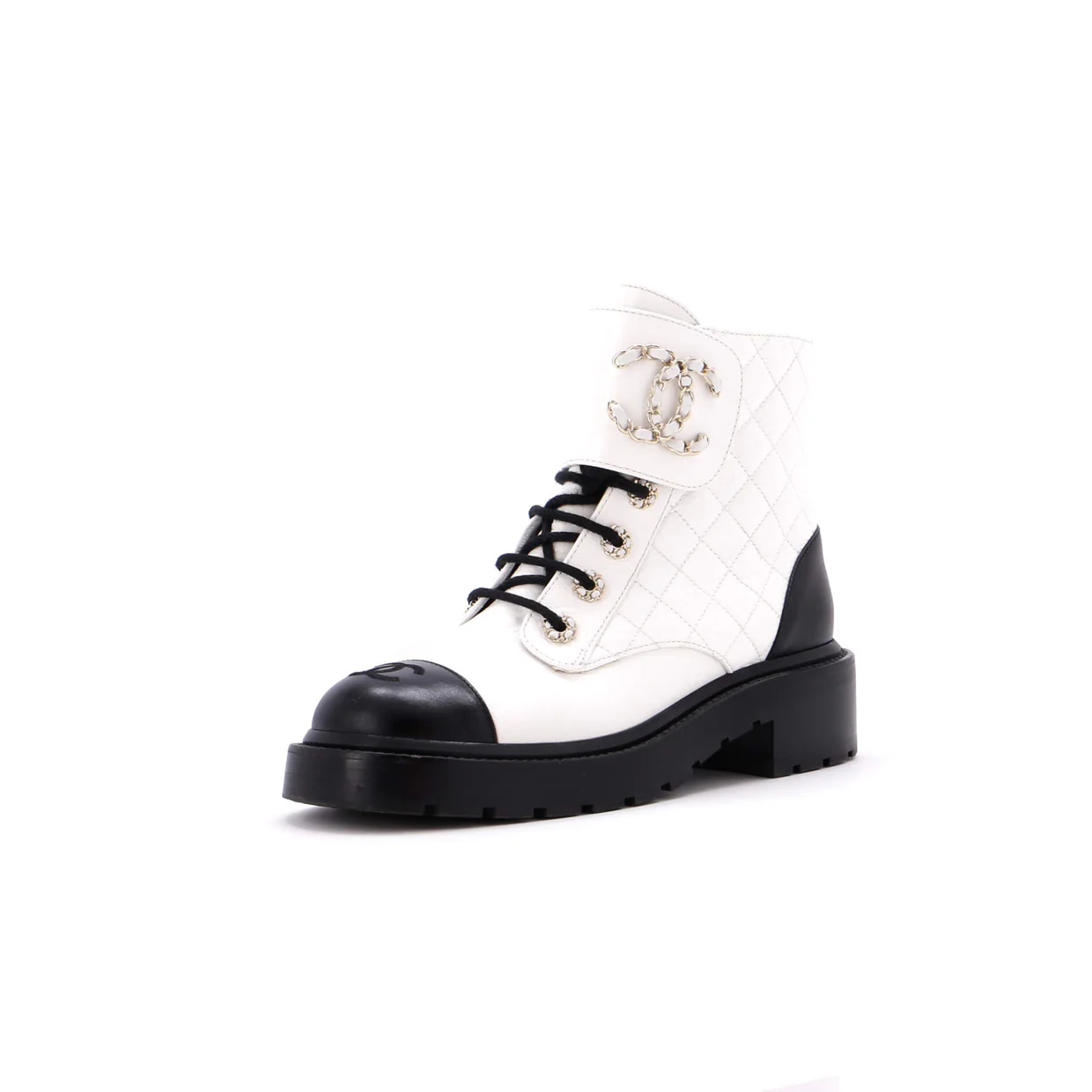 Women's Chain CC Cap Toe Lace Up Combat Boots Quilted Shiny Calfskin - Deep Luxury