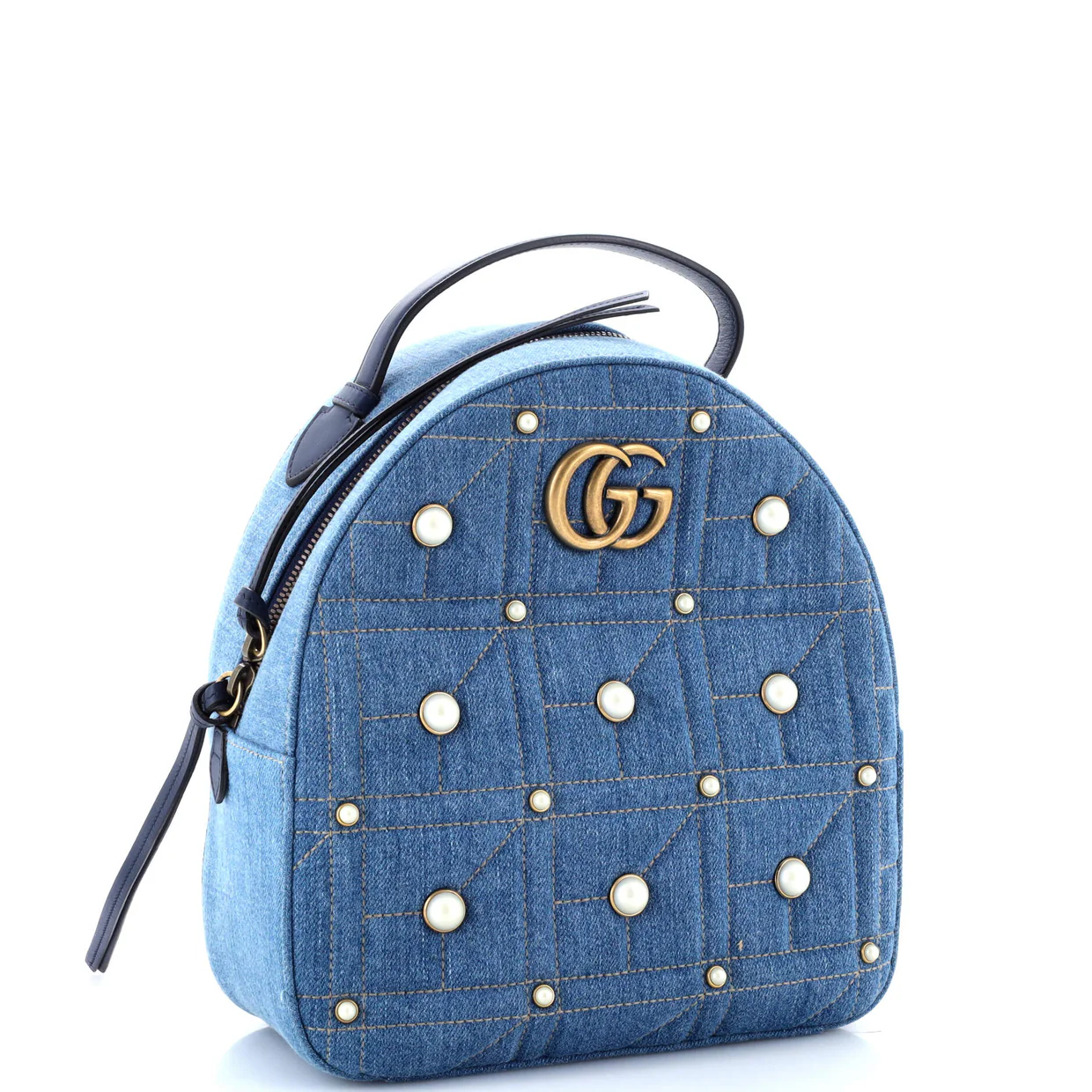 Pearly GG Marmont Backpack Embellished Matelasse Denim Small - Deep Luxury