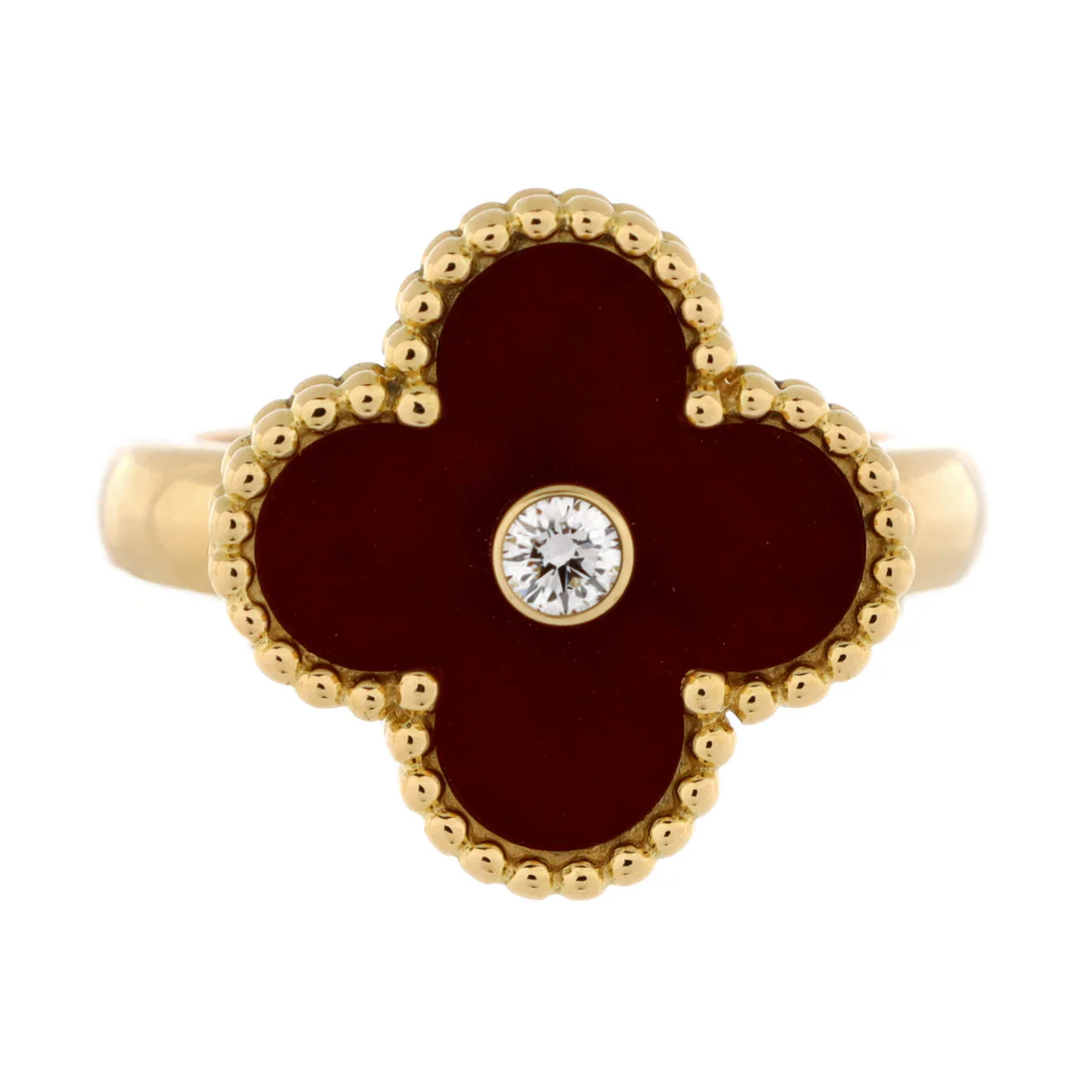 Vintage Alhambra Ring 18K Yellow Gold with Carnelian and Diamond - Deep Luxury