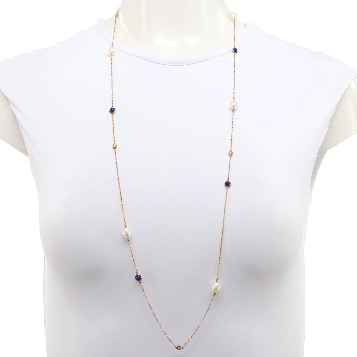 Elsa Peretti Diamonds By The Yard 13 Station Necklace 18K Yellow Gold with Diamonds and Pearls with Lapis Lazuli - Deep Luxury