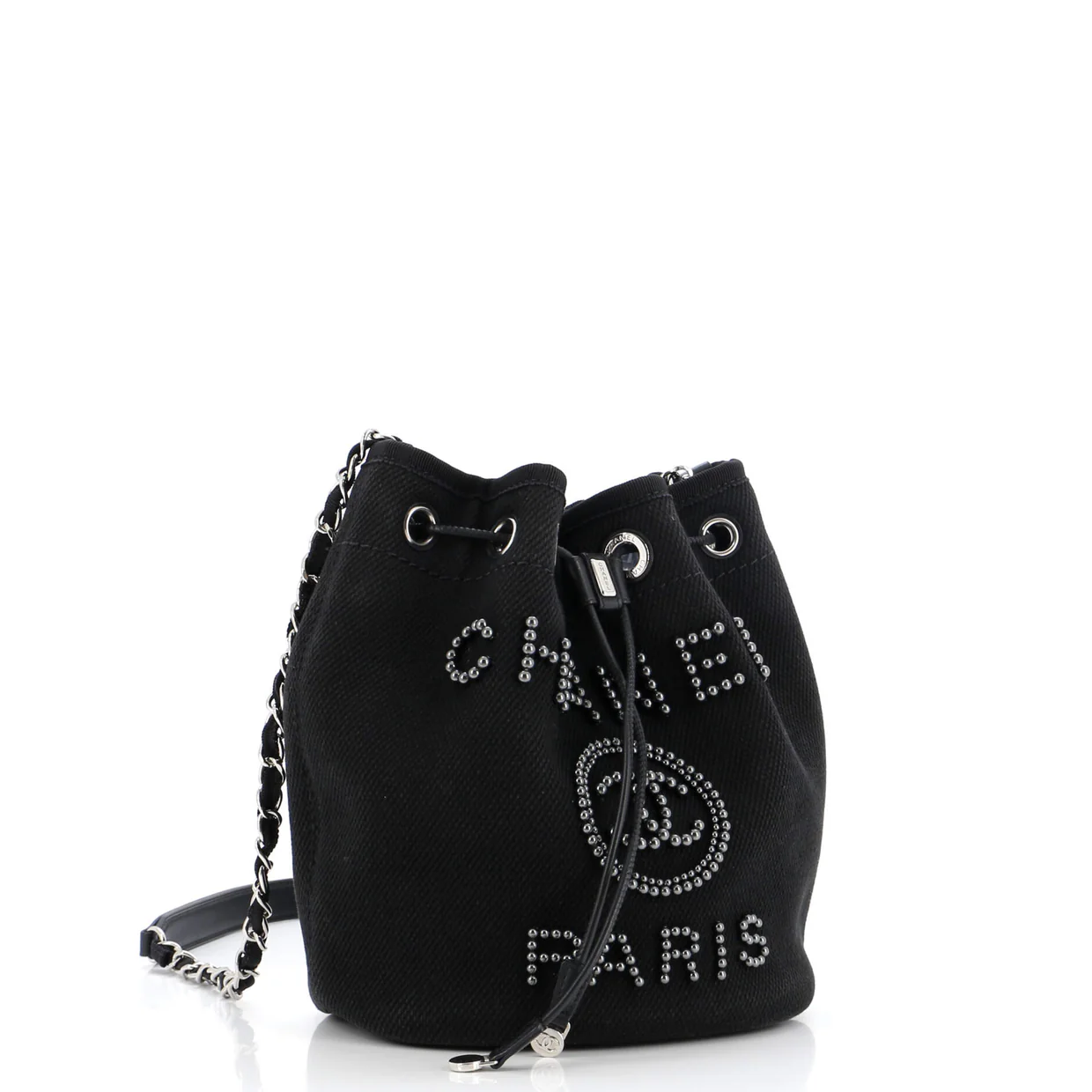 Deauville Drawstring Bucket Bag Pearl Embellished Canvas Small - Deep Luxury