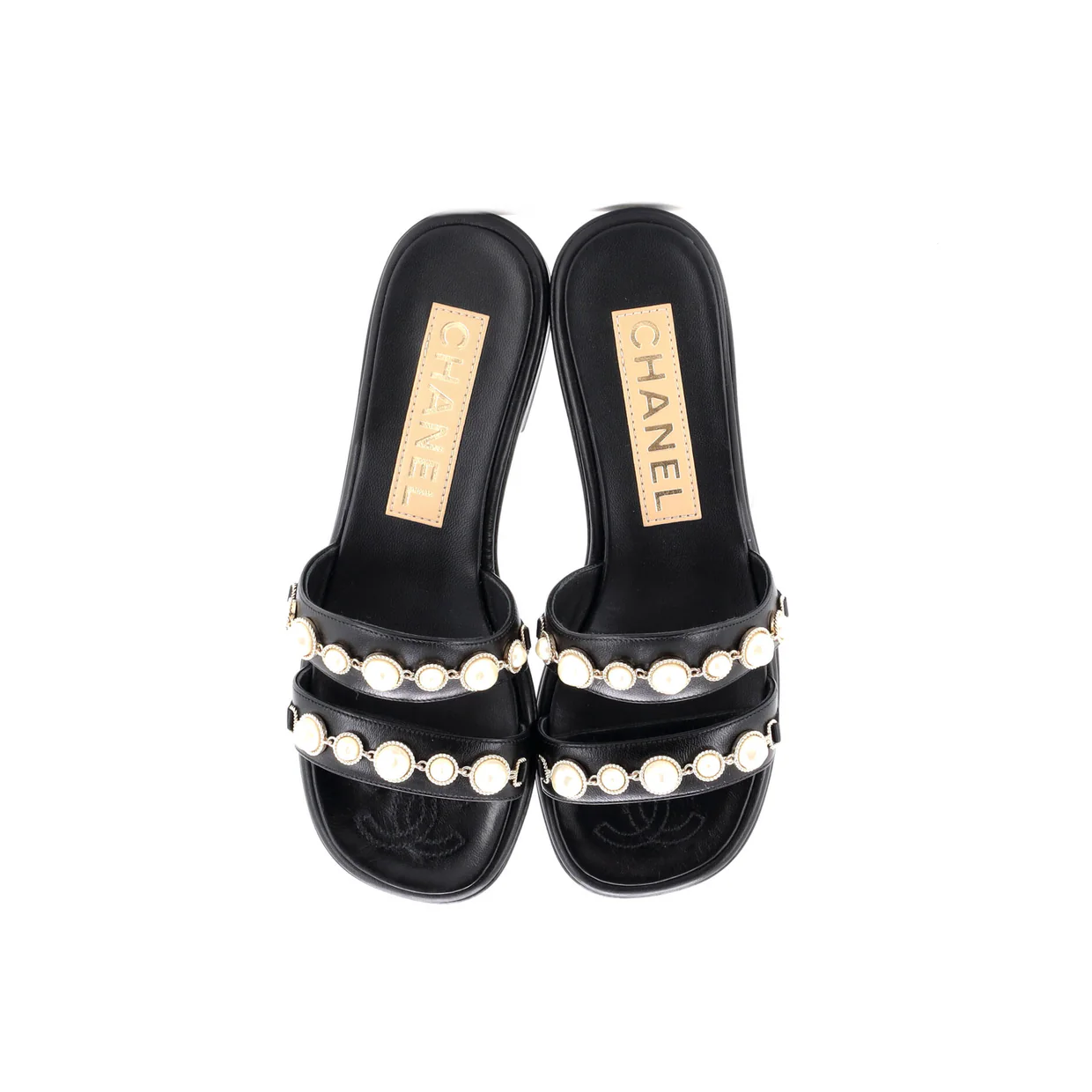 Women's Double Strap Slide Sandals Leather and Faux Pearls - Deep Luxury
