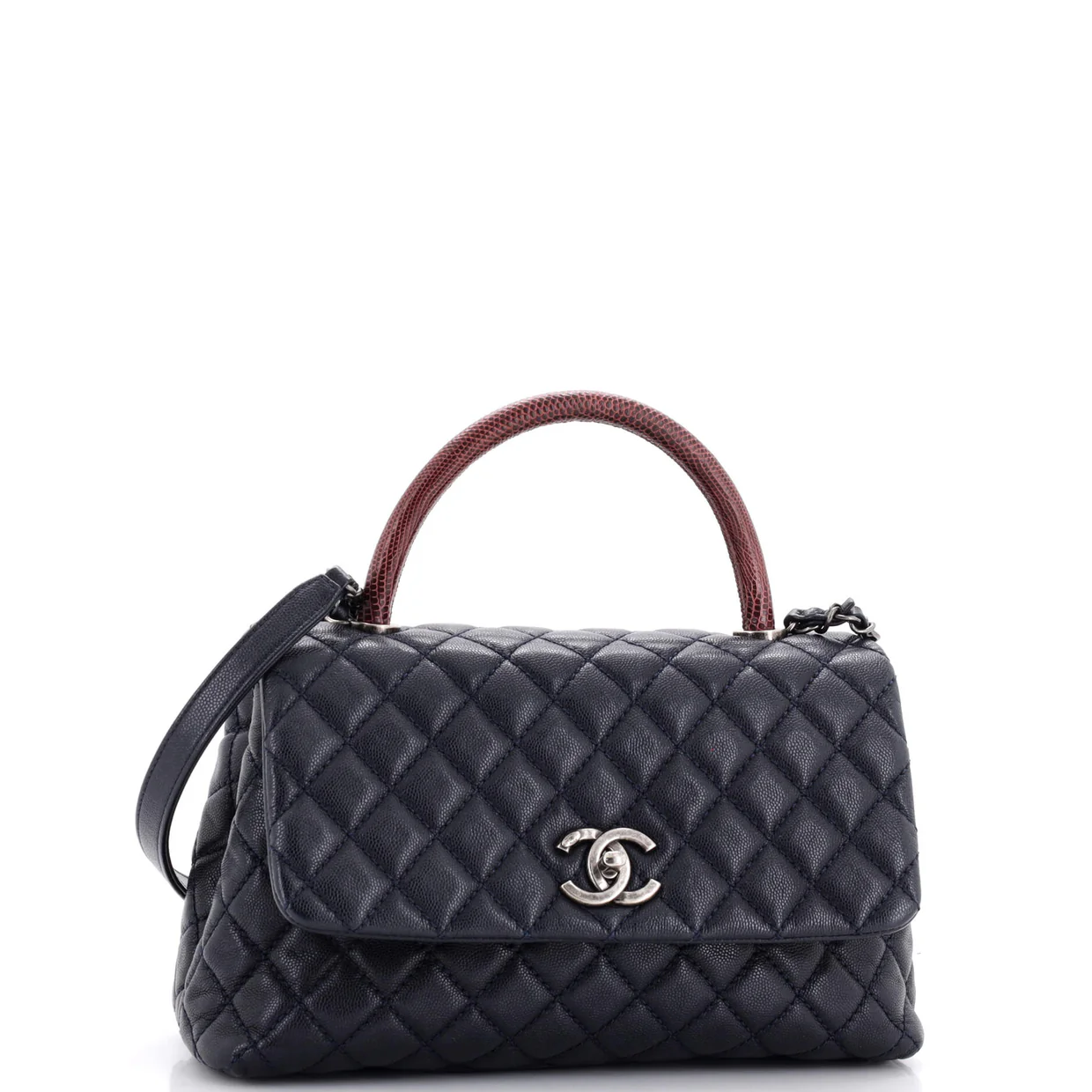 Coco Top Handle Bag Quilted Caviar with Lizard Small - Deep Luxury