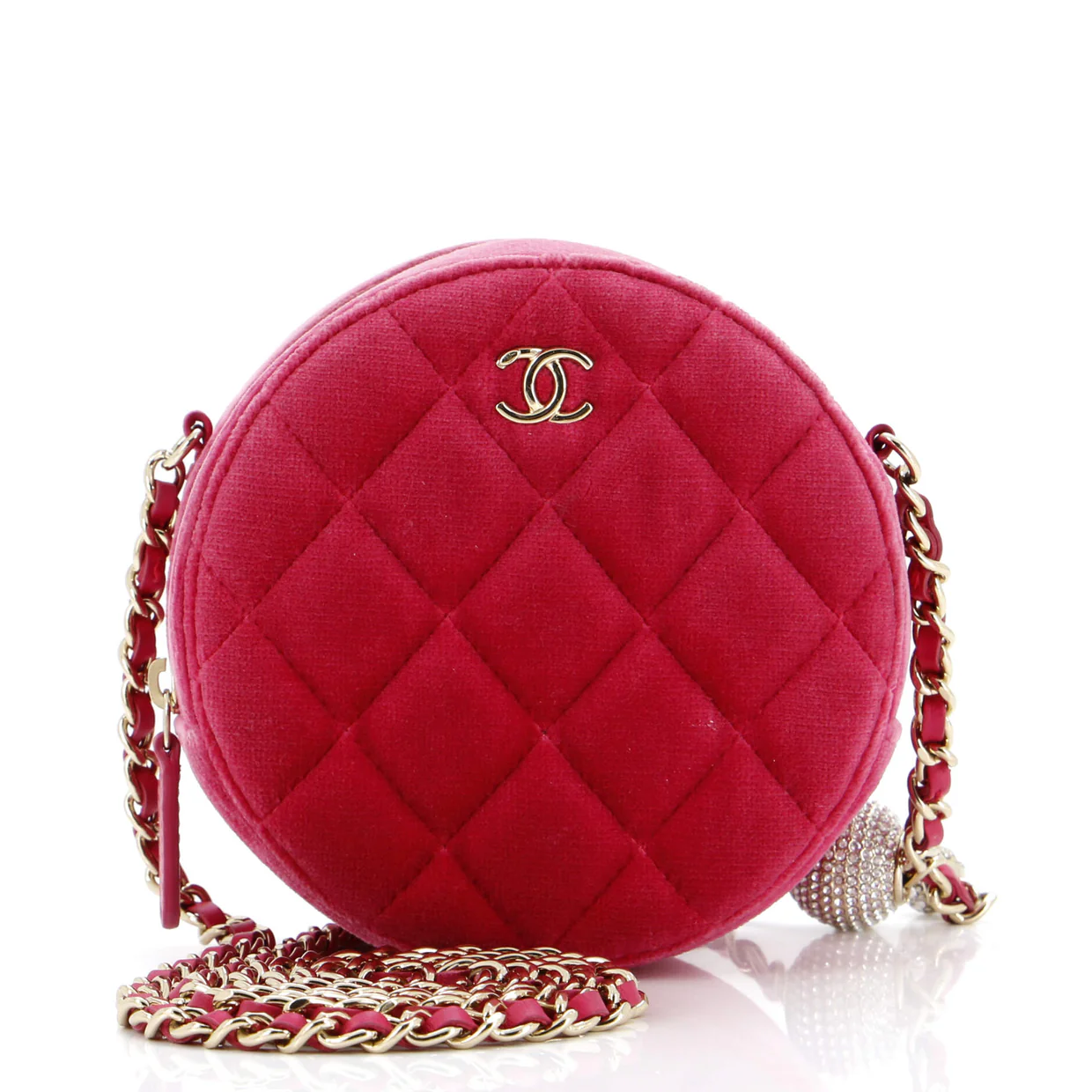 Pearl Crush Round Clutch with Chain Quilted Velvet with Crystal Detail - Deep Luxury