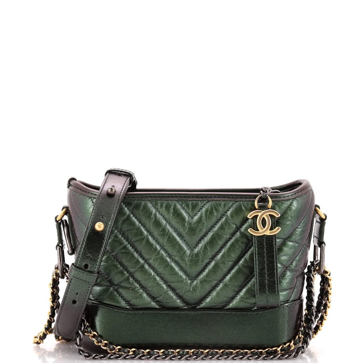 Gabrielle Hobo Chevron Metallic Aged Calfskin Small - Deep Luxury