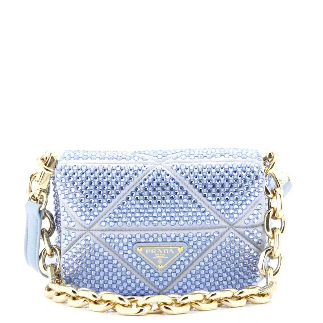 Triangle Chain Flap Bag Crystal Embellished Quilted Satin - Deep Luxury
