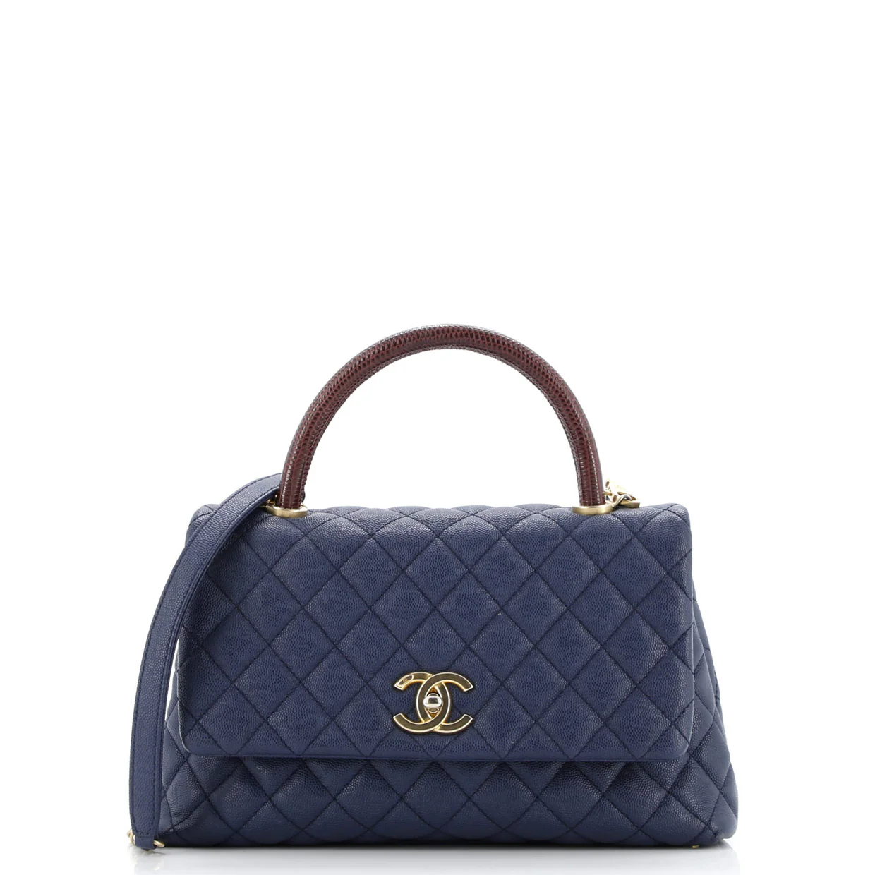 Coco Top Handle Bag Quilted Caviar with Lizard Embossed Handle Small - Deep Luxury