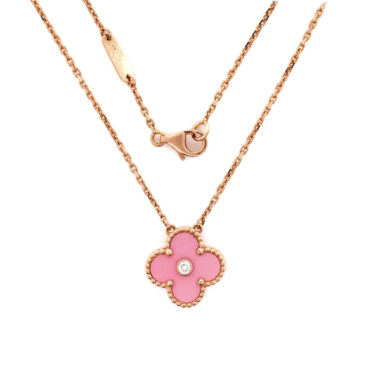 Vintage Alhambra Pendant Necklace 18K Rose Gold and Pink Sevres Porcelain with Diamond - Deep Luxury
