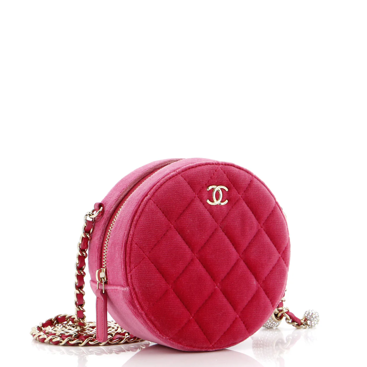 Pearl Crush Round Clutch with Chain Quilted Velvet with Crystal Detail - Deep Luxury