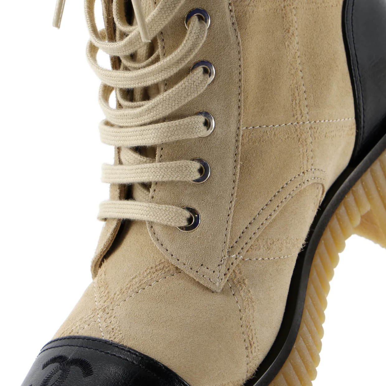 Women's Chain CC Cap Toe Lace Up Combat Boots Quilted Leather - Deep Luxury