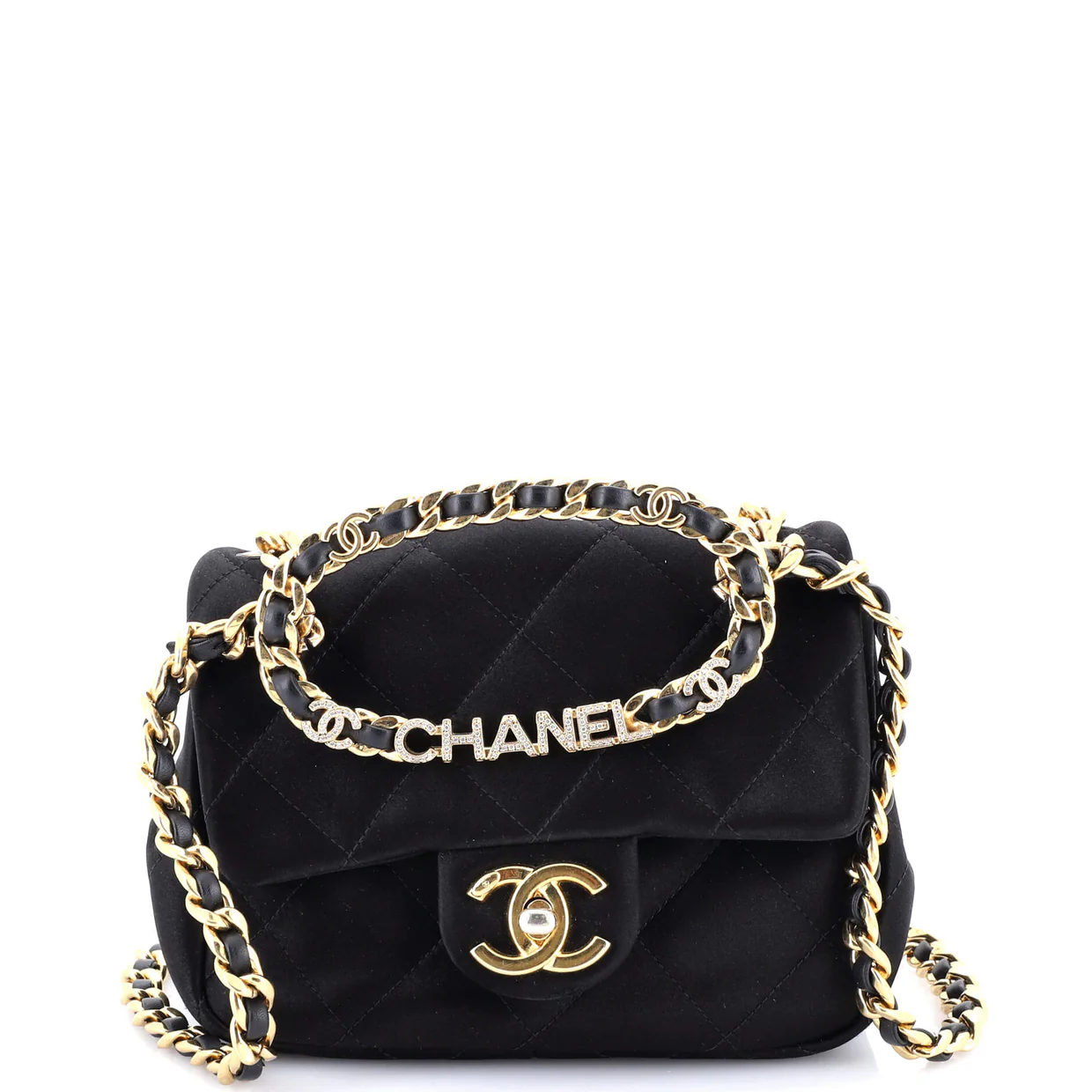 Oval Logo Chain Handle Flap Bag Quilted Satin with Crystals Mini - Deep Luxury