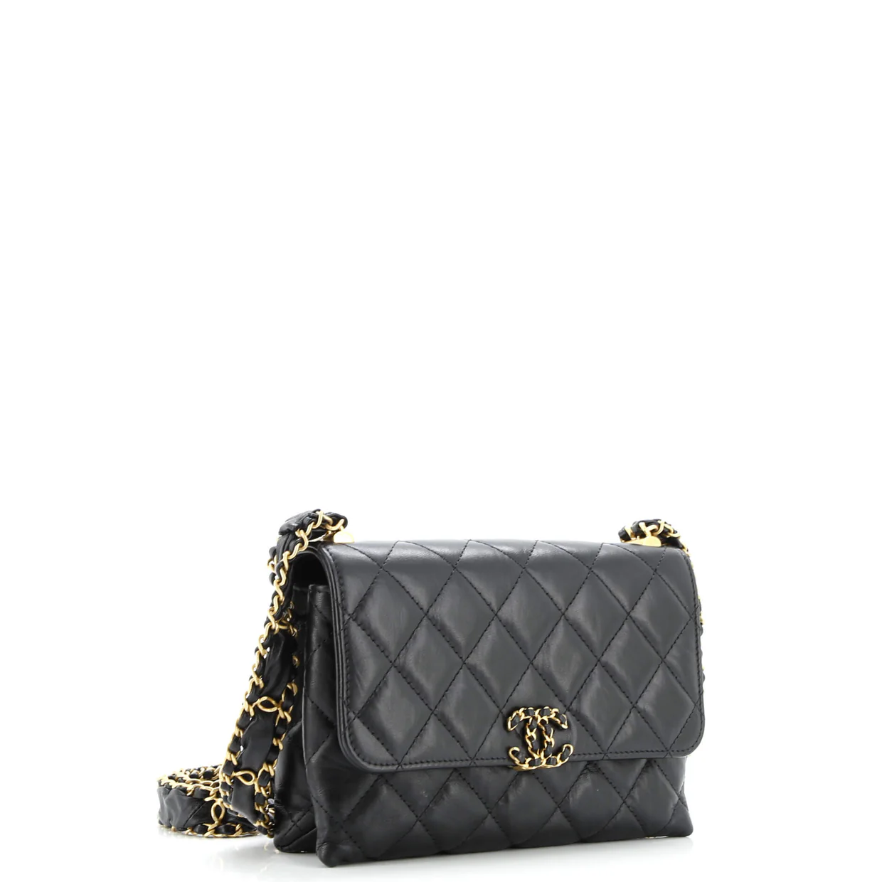 CC Wide Chain Compartment Flap Phone Holder Quilted Aged Calfskin - Deep Luxury