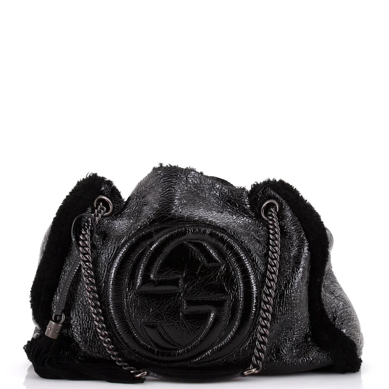 Soho Chain Strap Shoulder Bag Patent and Shearling Medium - Deep Luxury