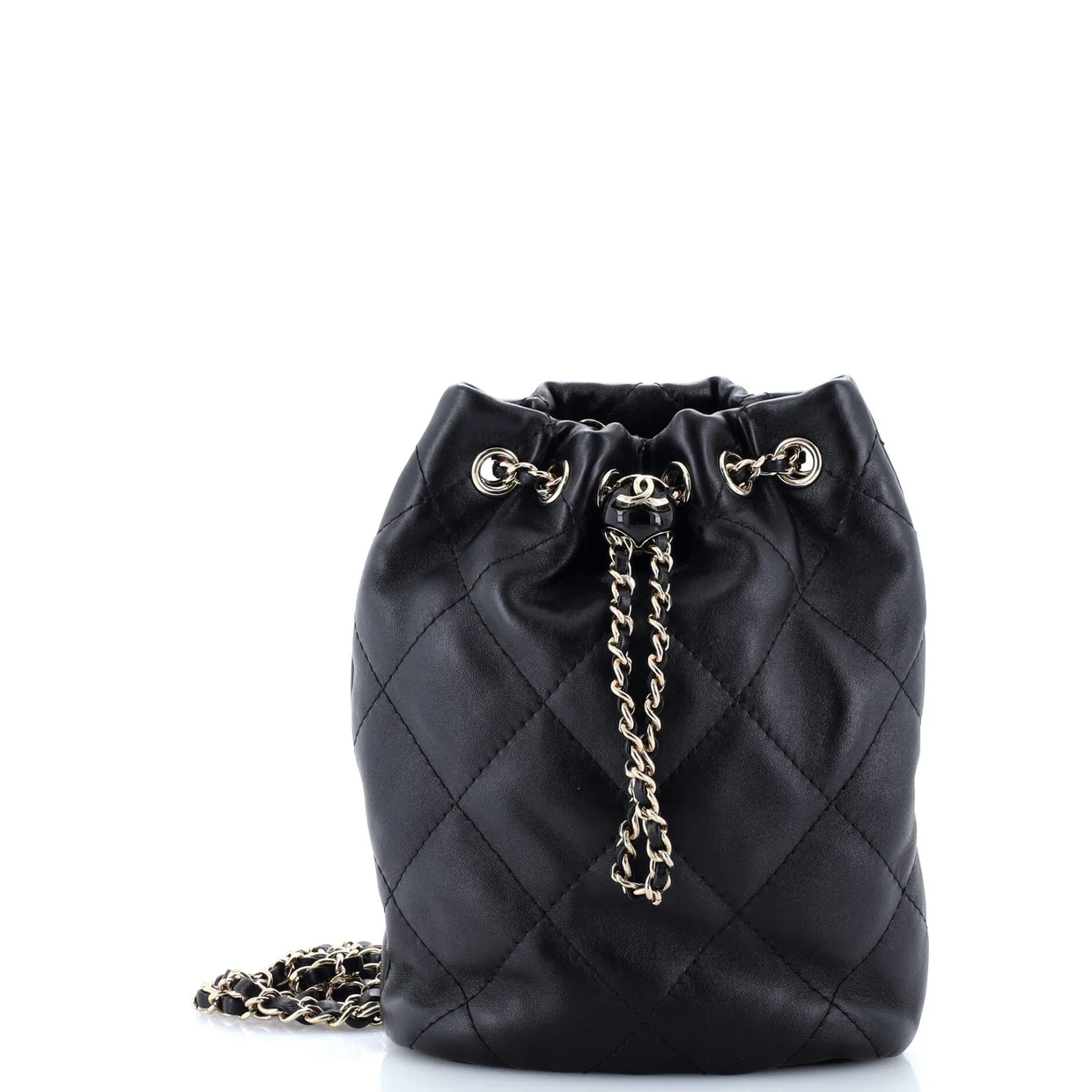 Logo Script Drawstring Chain Backpack Quilted Shiny Lambskin Small - Deep Luxury