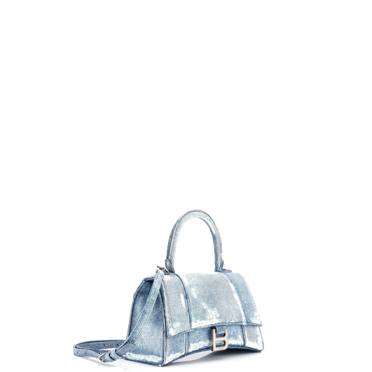 Hourglass Top Handle Bag Denim Printed Leather Small - Deep Luxury