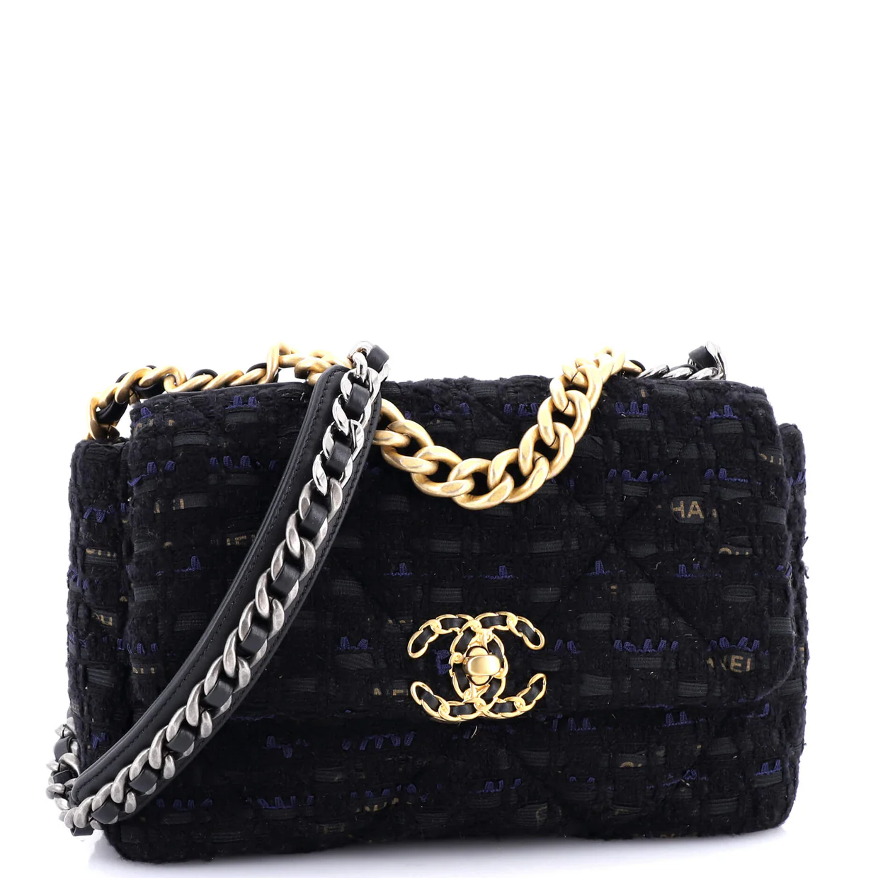 19 Flap Bag Quilted Tweed and Ribbon Medium - Deep Luxury
