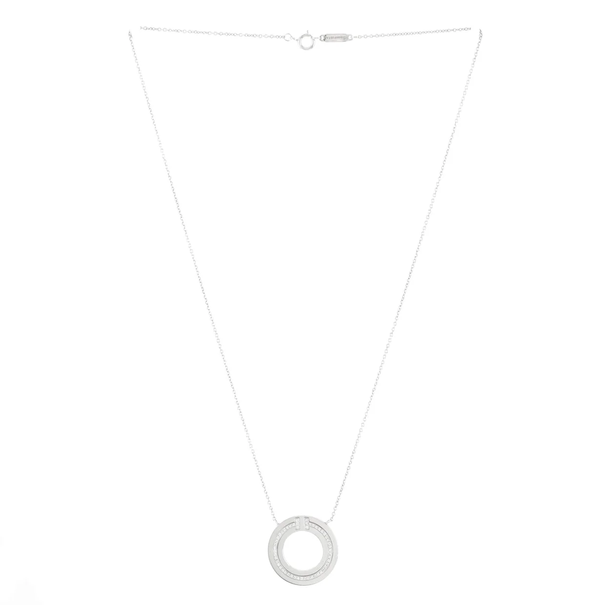 T Circle Pendant Necklace 18K White Gold with Diamonds Large - Deep Luxury