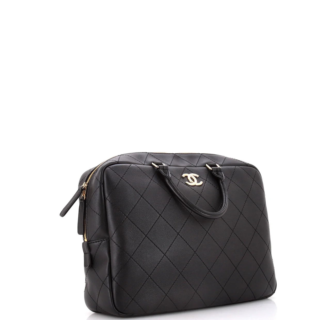 Diamond Stitch CC Top Handle Bowling Bag Quilted Calfskin Large - Deep Luxury