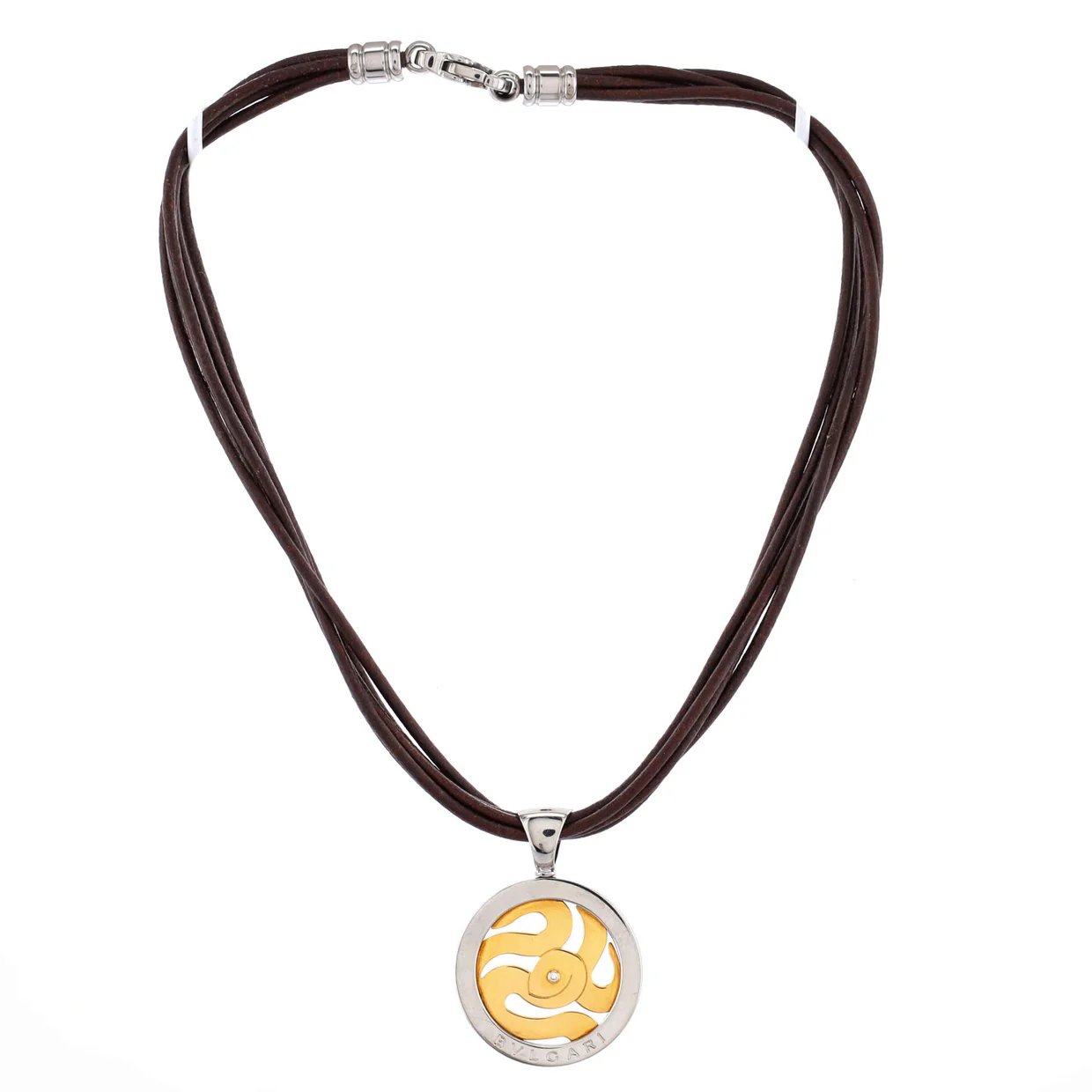 Tondo Snake Pendant Necklace Leather with Stainless Steel and 18K Yellow Gold with Diamond - Deep Luxury