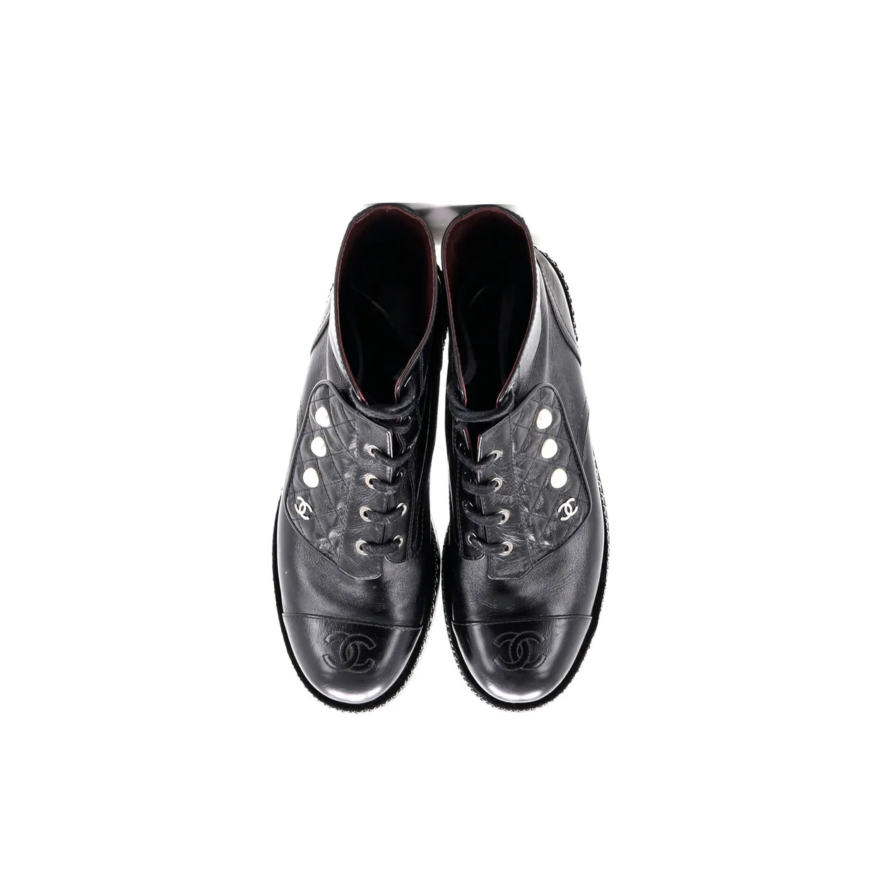 Women's Cap Toe CC Chain Around Pearl Combat Boots Leather - Deep Luxury