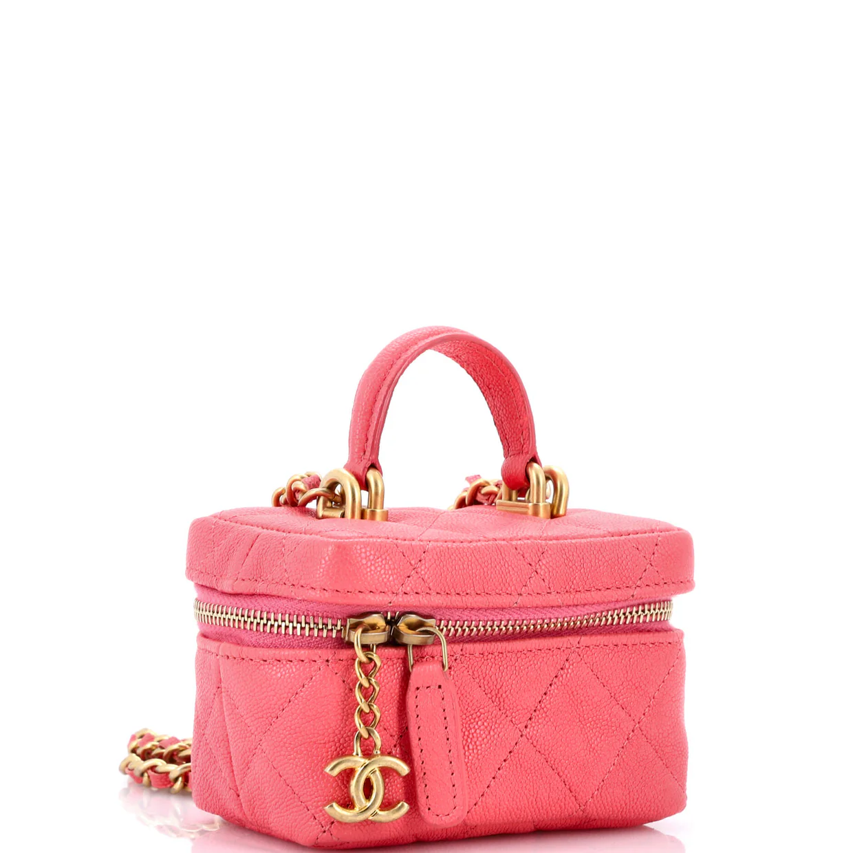 Top Handle Zip Around Vanity Case with Chain Quilted Caviar Mini - Deep Luxury